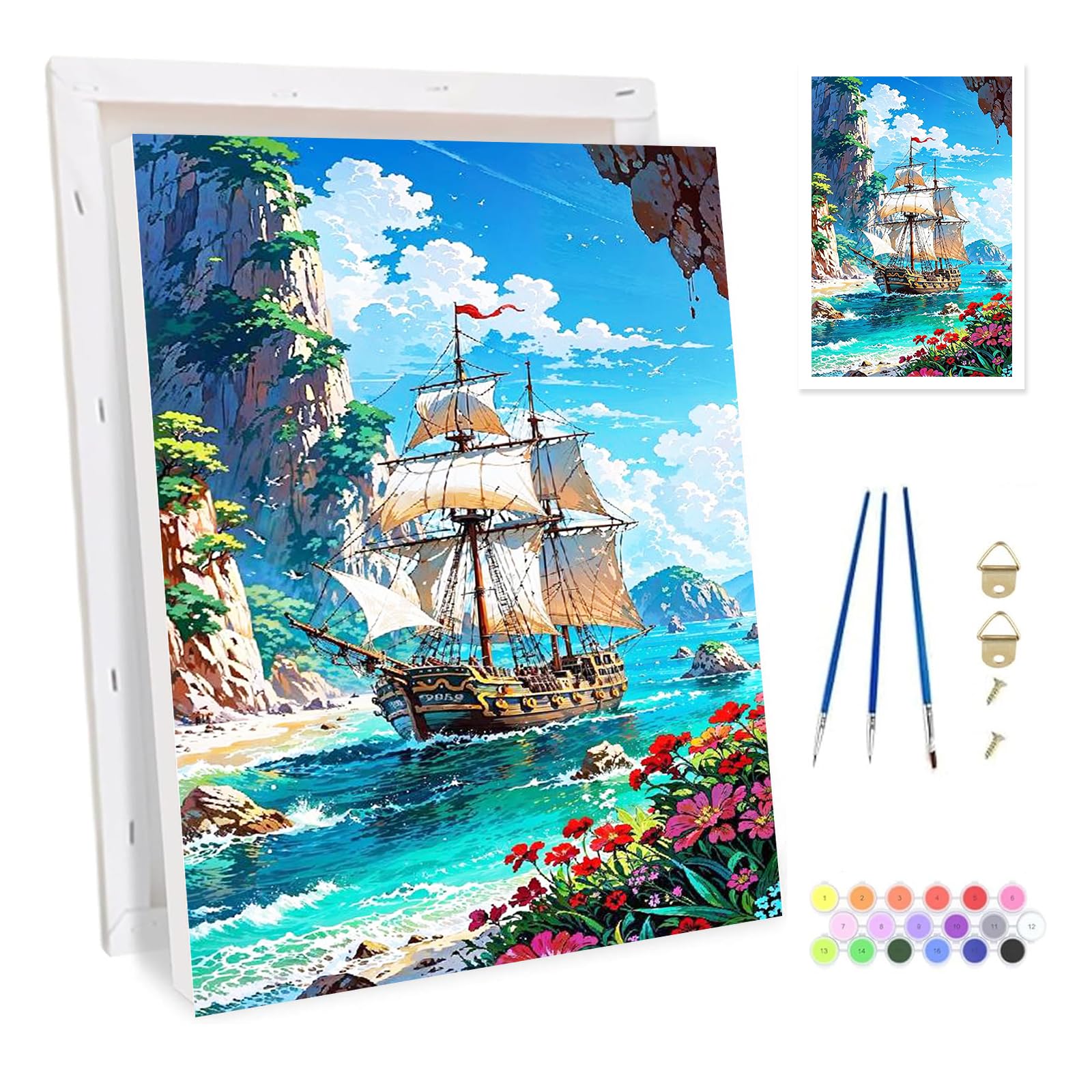 Bowetile Framed Seascape Paint by Numbers for Adults, Boat Painting by Numbers Kit for Adults Beginners Canvas Kit, DIY Color Oil Painting Acrylic Paints for Home Wall Decor 20x30cm