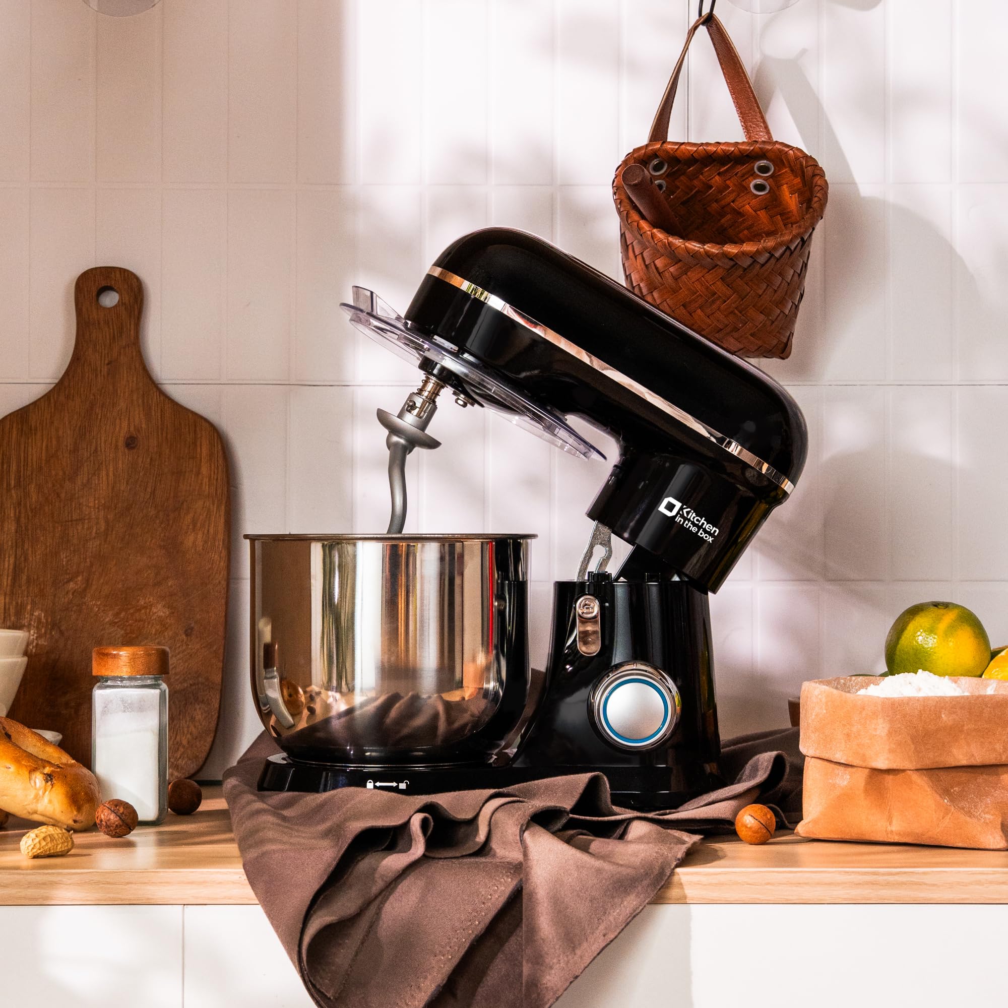Kitchen in the box Kompakte Küchenmaschine 3,5 L, Rührmaschine & Knetmaschine mit 10 Geschwindigkeiten, Leichte Teigmaschine mit Knethaken, Rührhaken & Schneebesen, ideal für kleine Küchen,Schwarz