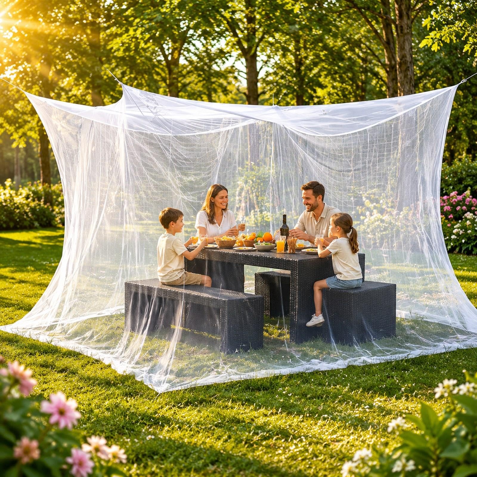 Moustiquaire pour Terrasse et Camping, Rideau en Polyester, Tissu Doux, Installation Rapide avec Corde, Idéale pour Les Pique-niques, AUT, 300 X 500 X 250 Cm