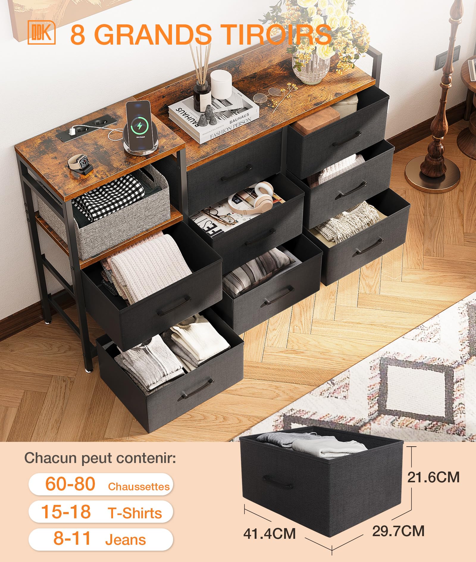 ODK Commode Chambre, 2 Ports USB et 2 Ports AC, Armoire à tiroirs multifonctionnelle pour Chambre et Salon - Buffet Stable et résistant, 132 * 30 * 88 cm, Vintage et Noir