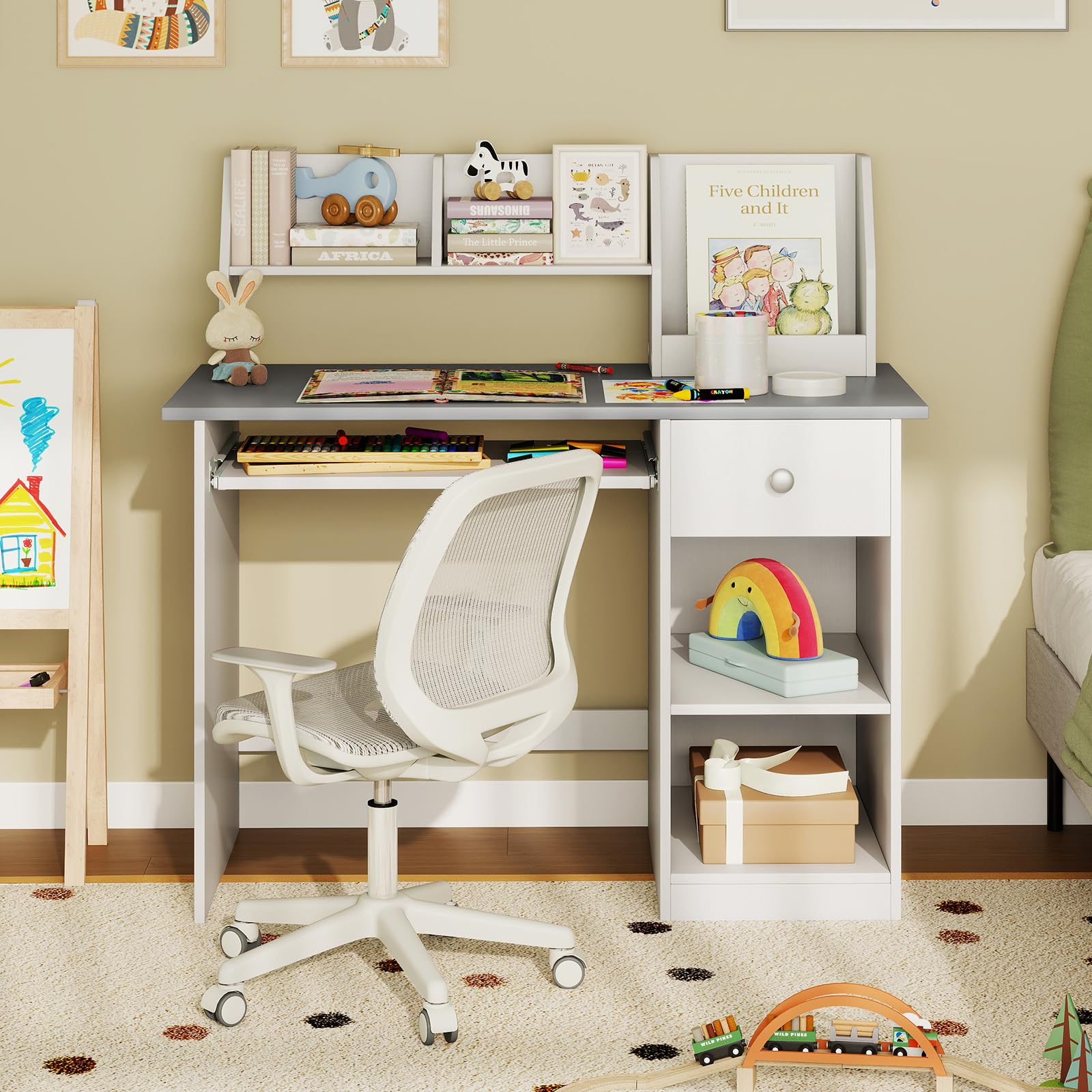 COSTWAY Bureau Enfants en Bois avec Etagères & Niche, 90x45x90cm, Charge 100kg, Gris