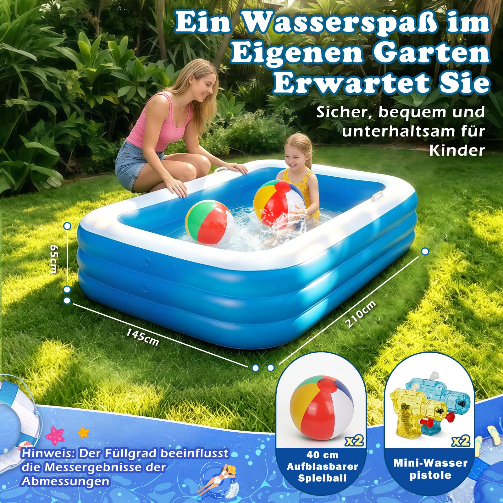 Planschbecken für Kinder, Aufblasbarer Planschbecken Rechteckig mit 2 Beachball und 2 Mini-Wasserpistole, Verdickter Swimmingpool Kinder für Garten, Outdoor, Sommer-Wasserpartys (Blau)