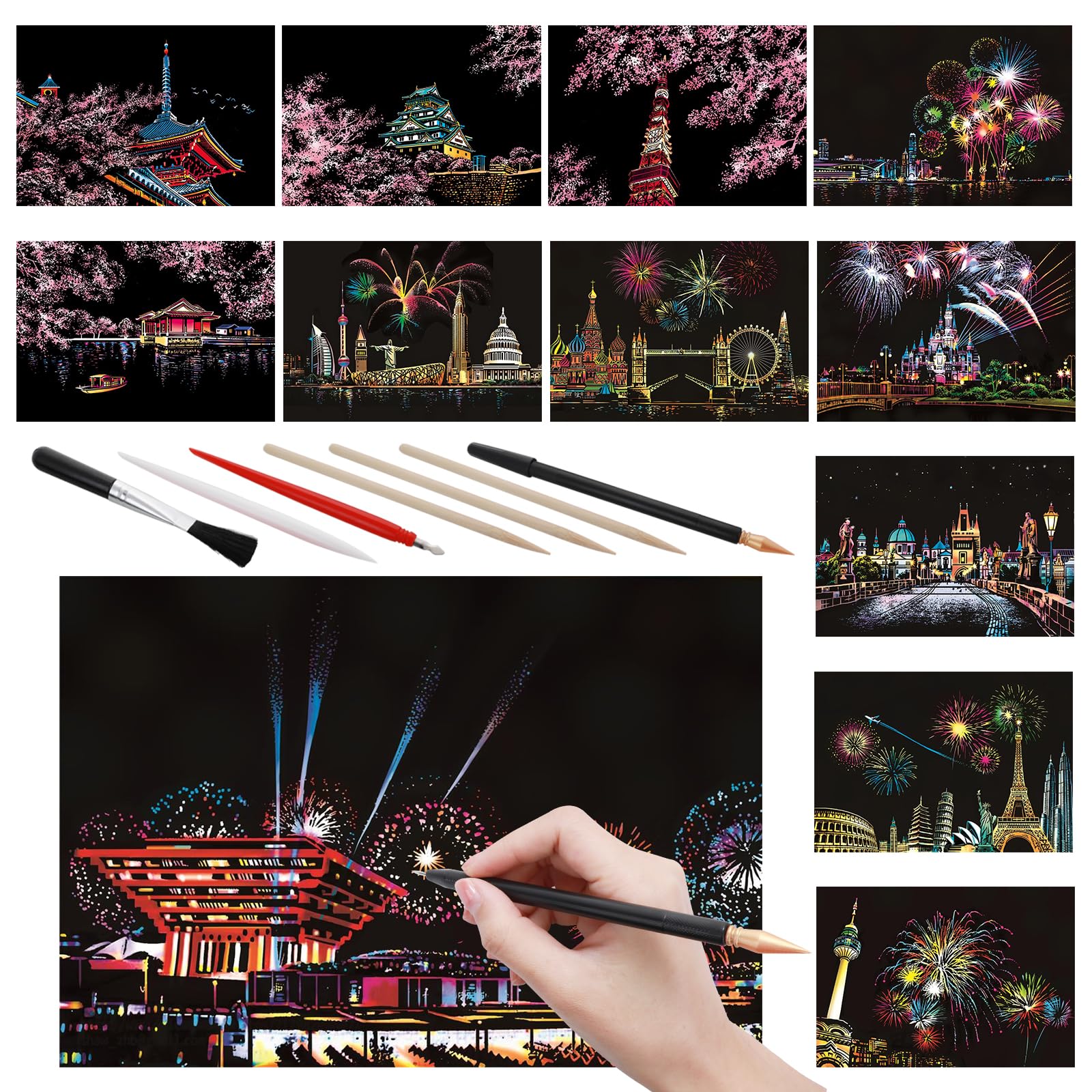 12 Pcs Scratch Art Paper Rainbow Scratch Paper with Scratching Tools Kit City Series Night View Scratch Art for Adults(A5 Size)