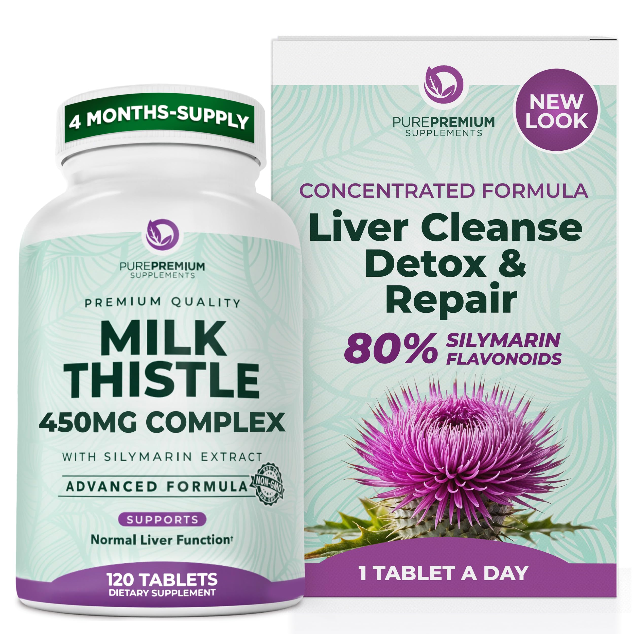 PurePremium Milk Thistle Supplement – Liver Cleanse Detox & Repair, 80% Silymarin Standardized Extract – High Potency 450mg Complex Supports Normal Liver Function – Non-GMO, Gluten-Free - 120 Supply