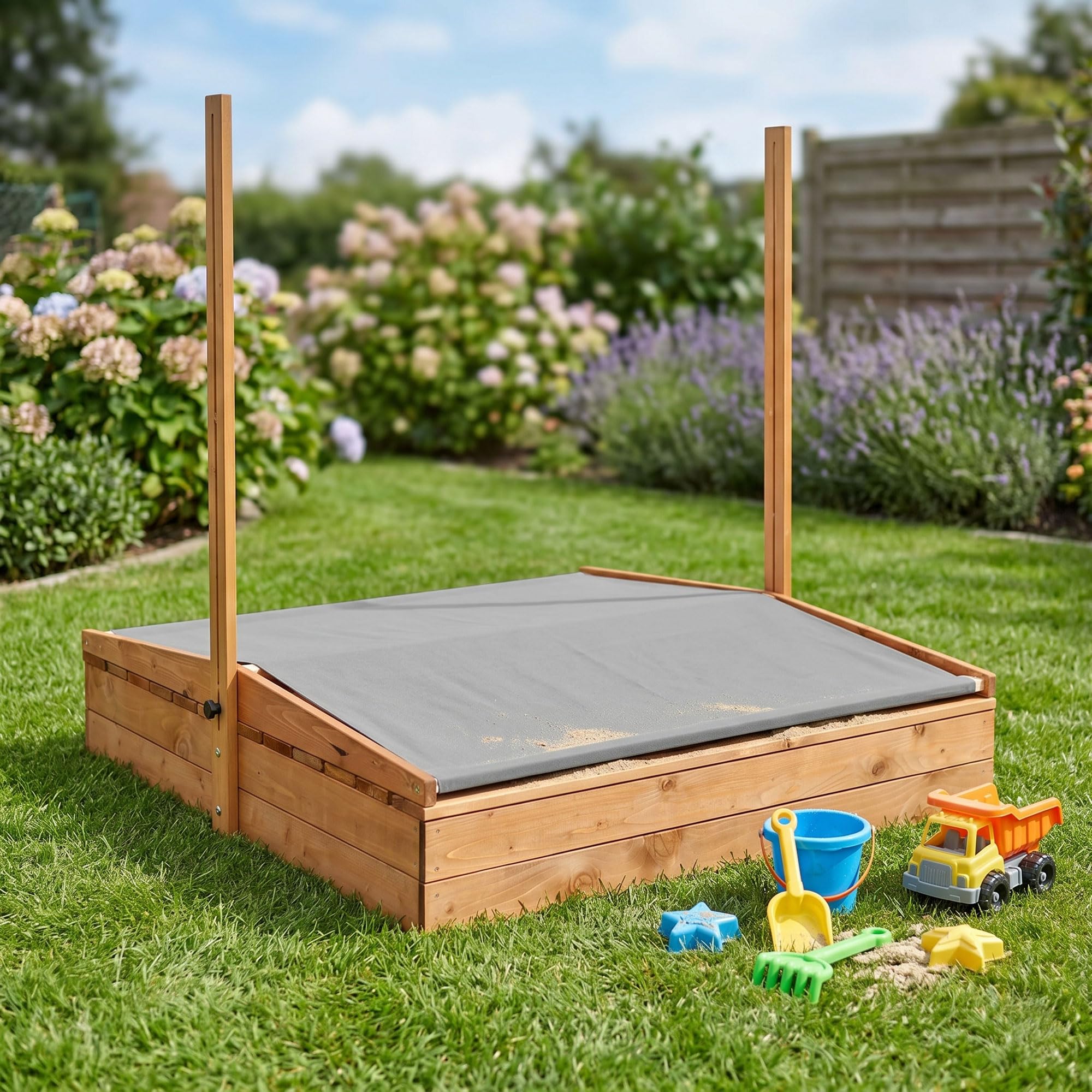 Bac à sable en bois 120 x 120 cm avec toit et couverture, bac à sable pour enfants, bac à sable de jardin en bois de conifère imprégné, toit pare-soleil réglable, pliable, marron, gris SPRINGOS