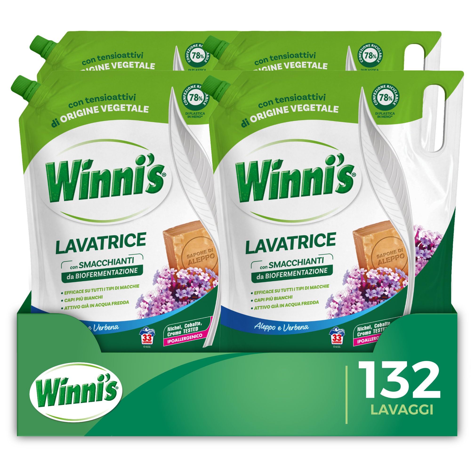 Winni’s - Detersivo Lavatrice Ipoallergenico Ecoformato, 132 Lavaggi, Aleppo e Verbena, con Smacchianti Naturali da Biofermentazione e Materie Prime di Origine Vegetale, 1485mlx4 Confezioni