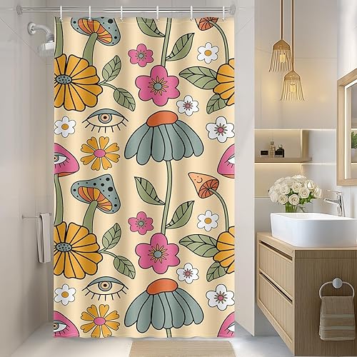 Miniatura 69 de Aimego Cortinas de ducha bohemias con diseño floral de hongos - Juego de cortina de ducha bohemia retro de los años 70 con flores amarillas