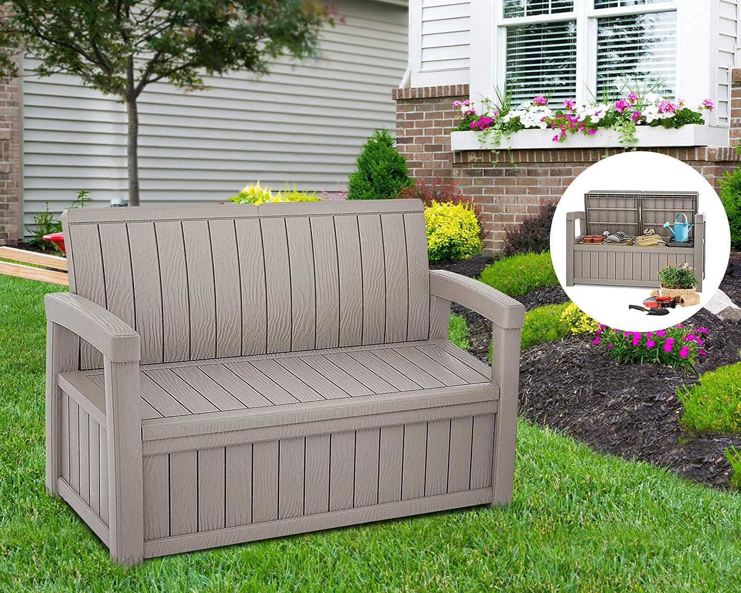 HTTH 49 Gallon Deck Storage Cabinet Deck Storage Bench for Outdoor Storage,Patio Furniture Resin Storage Container for Patio Furniture, Cushions, Pillows,Garden Tools,Pool Toys,Beach Towel : Patio, Lawn & Garden