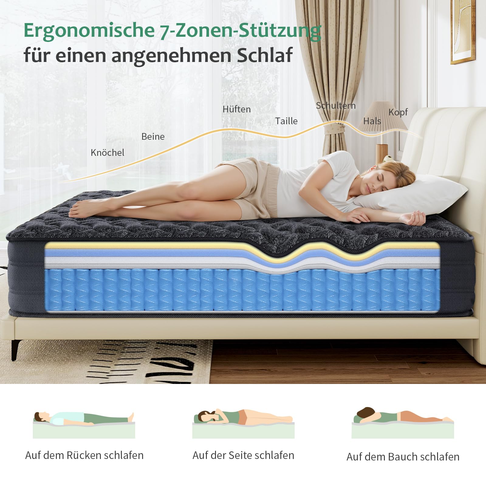 SZsuilong Materasso 120 x 200 cm, H3, altezza 30 cm, materasso a molle a 7 zone, certificato Oeko-TEX, materasso a molle insacchettate, ortopedico con strato in memory foam, per dolori alla schiena e