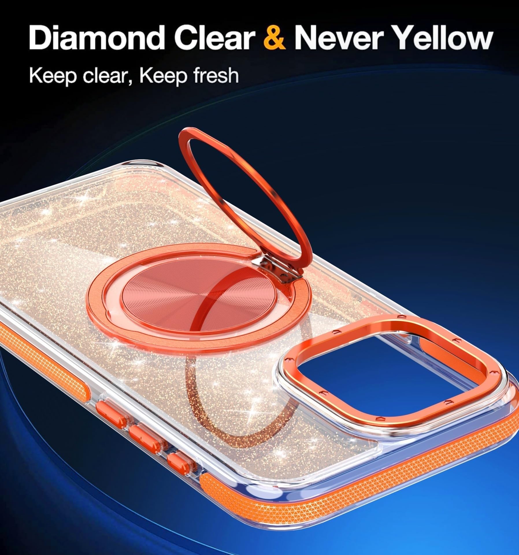 Trasparente Sottile Custodia per iPhone 16 PRO Max/16 Pro/16, Posteriore Magnetica Glitterata Cover con Supporto Rotante Custodia Protettiva for Ricarica Wireless Custodia(Orange,16)