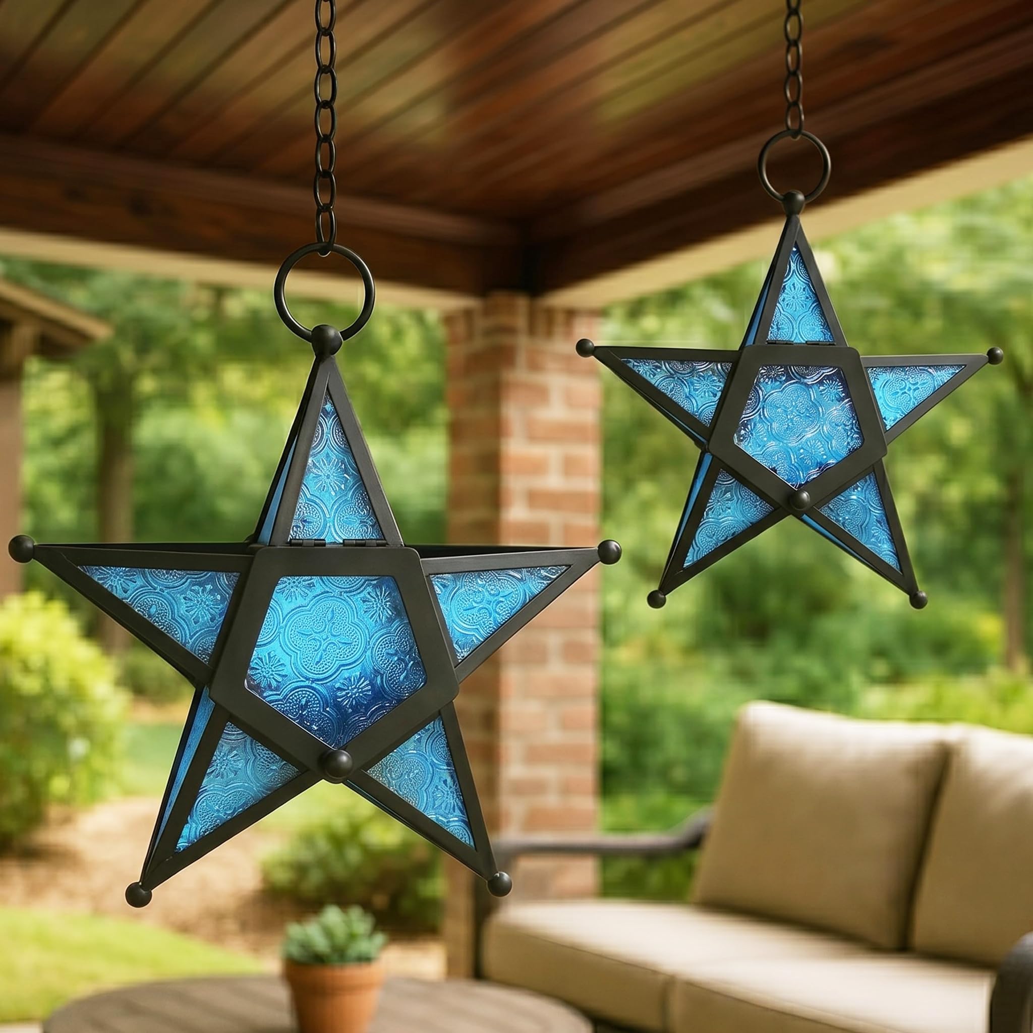 Vela Lanterns Blue Decorative Hanging Star Candle Lanterns, Set Of 2