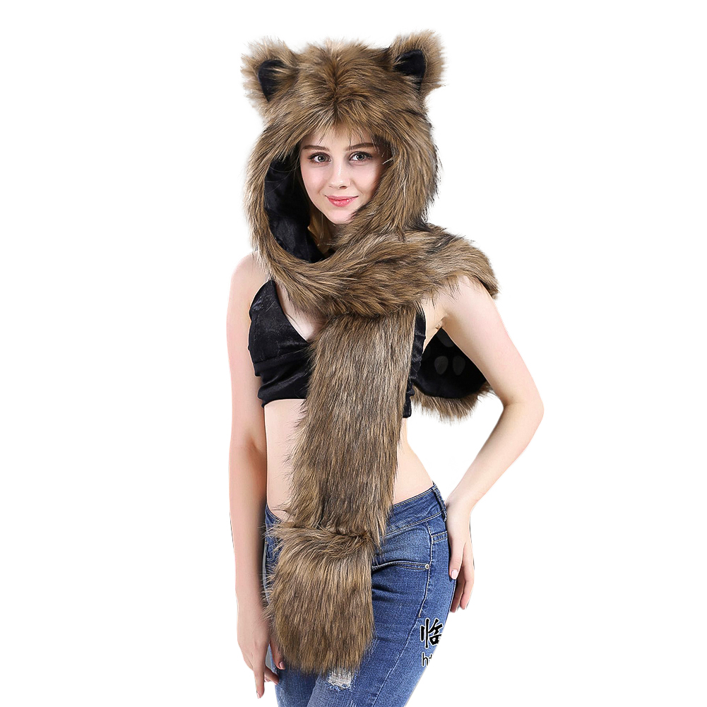 3 in 1 Furry Animal Hood Hat Scarf Mittens Warm Plush Hoodie  display picture 3