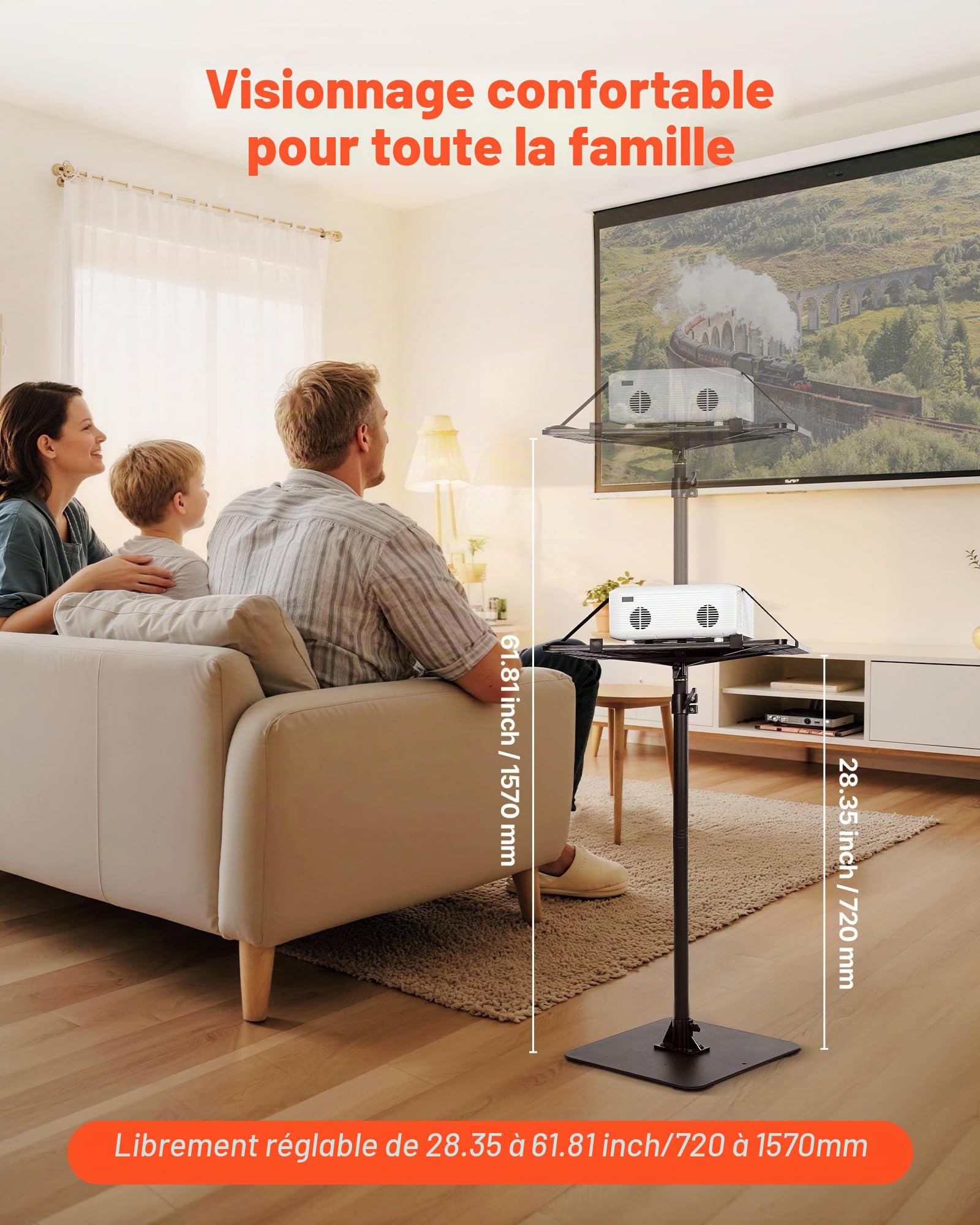 VEVOR Support de projecteur sur Pied, Support vidéoprojecteur Hauteur réglable de 77 à 161 cm, Rotation Horizontale à 360°, Stand de vidéoprojecteur avec Plateau, pour réunions Maison Bureau, Noir