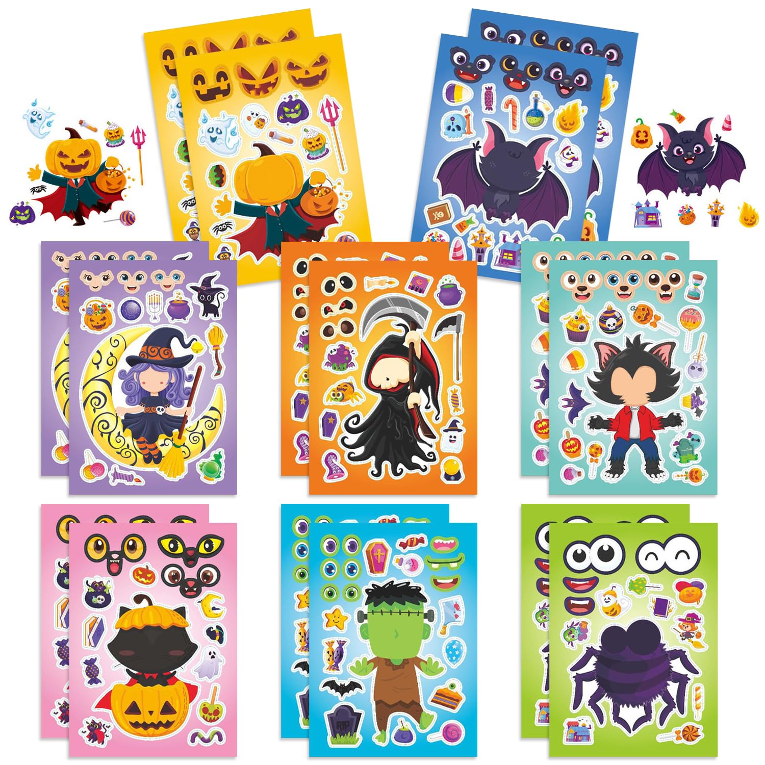 YXBWM 16pcs Halloween Make A Face Sticker Sheets,Bat Pumpkin Werewolf Spider Black Cat Grim Zombies Witch Craft Make A Face Stickers, Boys Girls Party Bag Filler (Halloween B)
