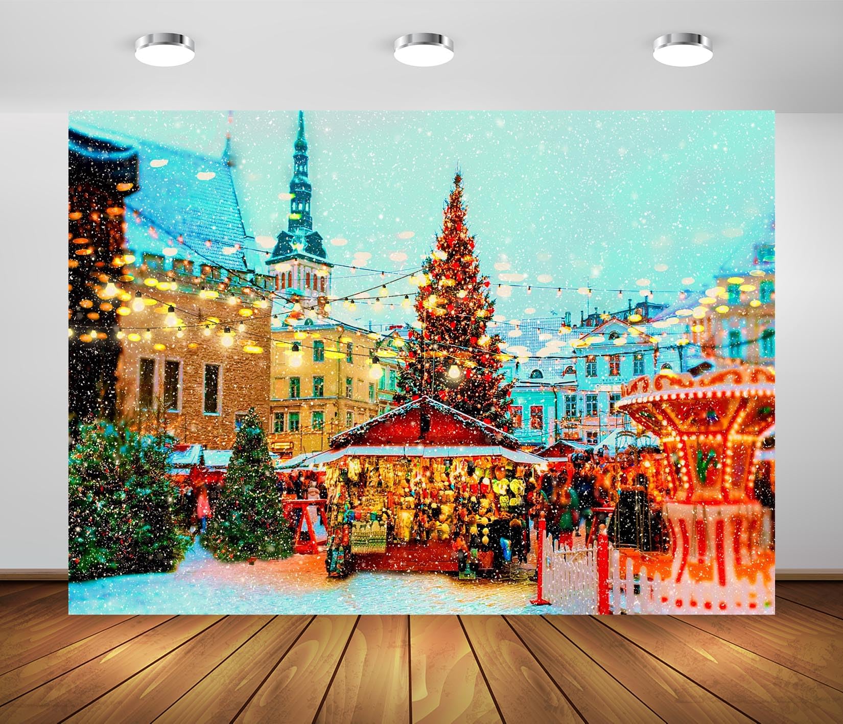BELECO 7x5ft Fabric Christmas Market Backdrop Snowing Night Snowflakes German Christmas Market Xmas Trees Winter Scene Background Germany Xmas Theme