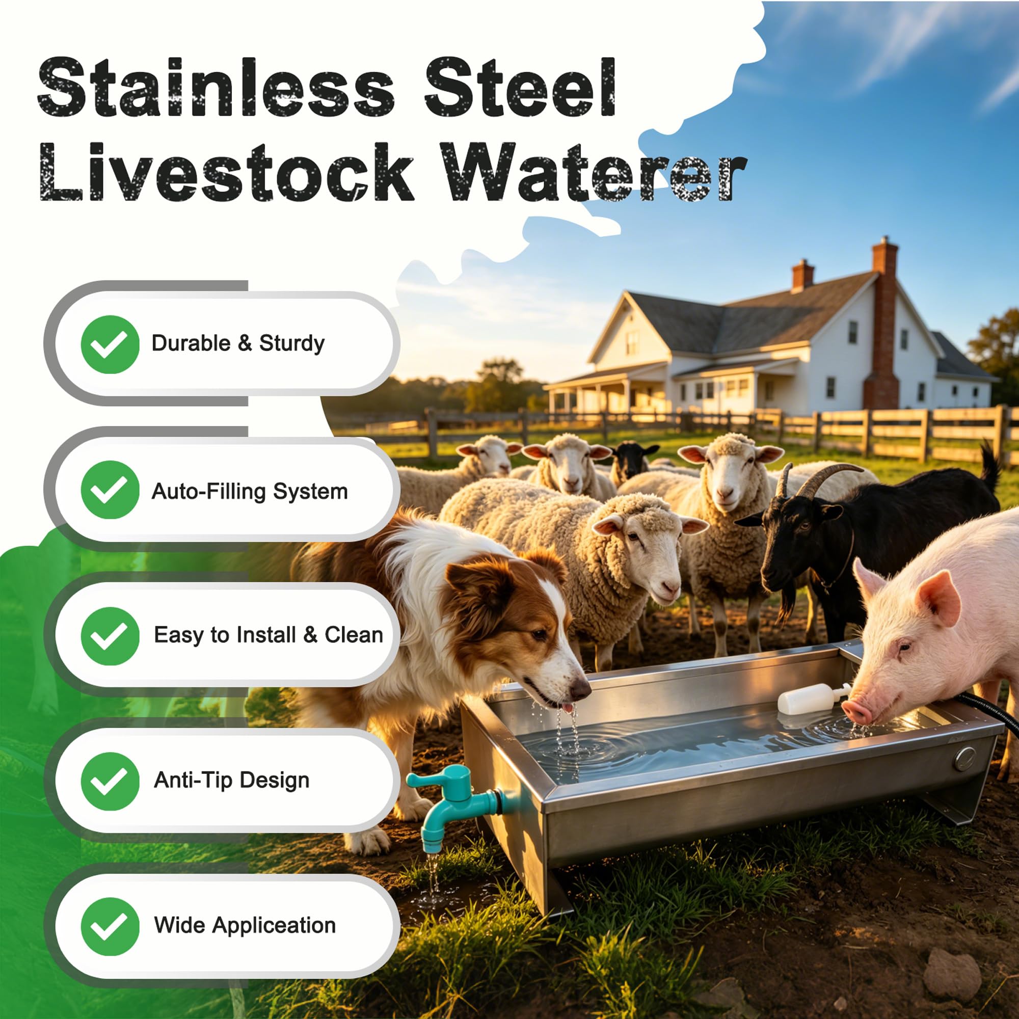Dispensador automático de cuenco de agua grande para perros, bebedero de 3 galones de acero inoxidable con válvula flotante para ganado, pollo, cabra, caballo, cerdos, aves de corral, animales al aire