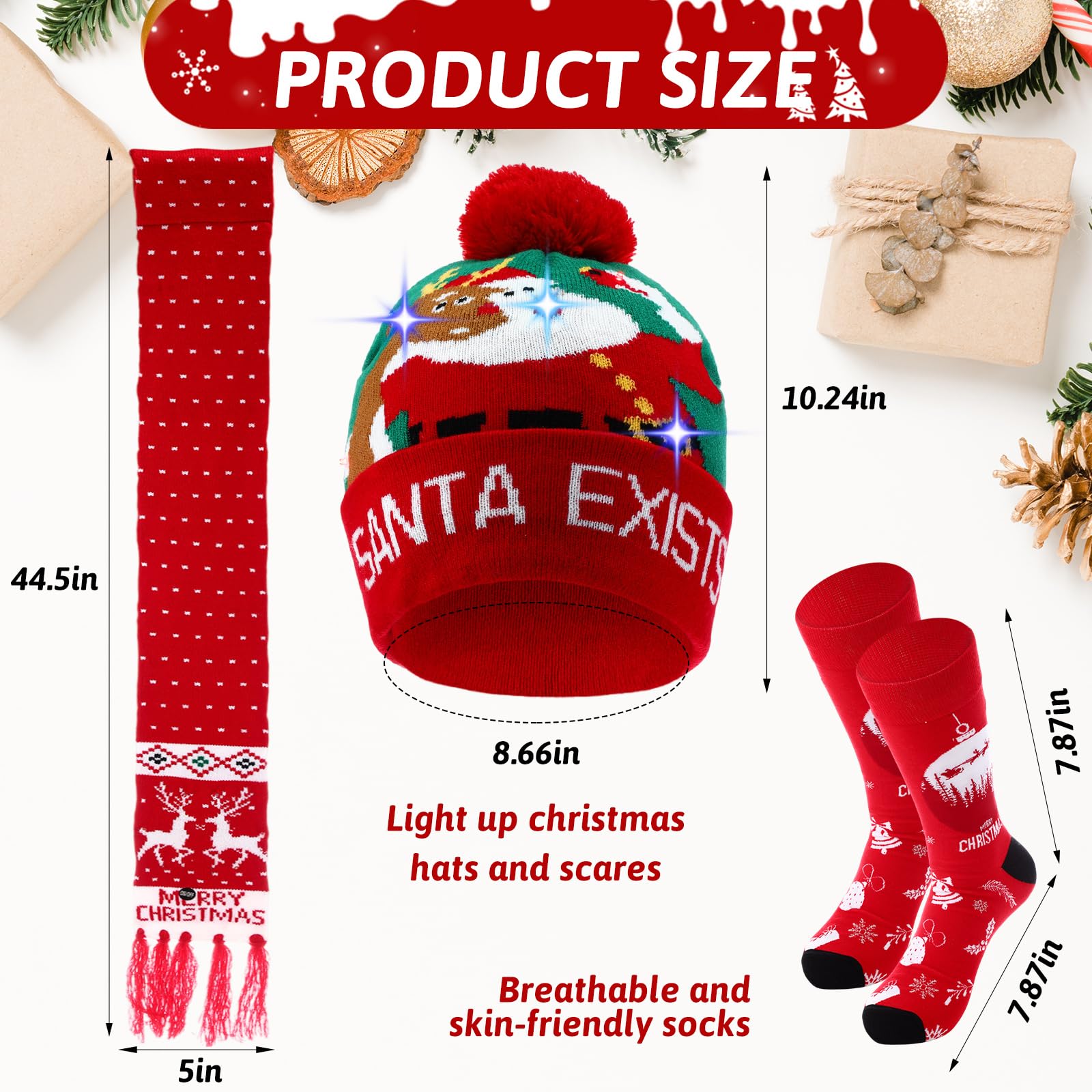 Liitrsh 36-teiliges LED-Weihnachtsmützen-Set, 12 weihnachtliche Mützen, 12 Weihnachtsschals, 12 Paar Weihnachtsstrümpfe, Unisex, bunt, blinkend, Urlaubsdekoration für Männer und Frauen