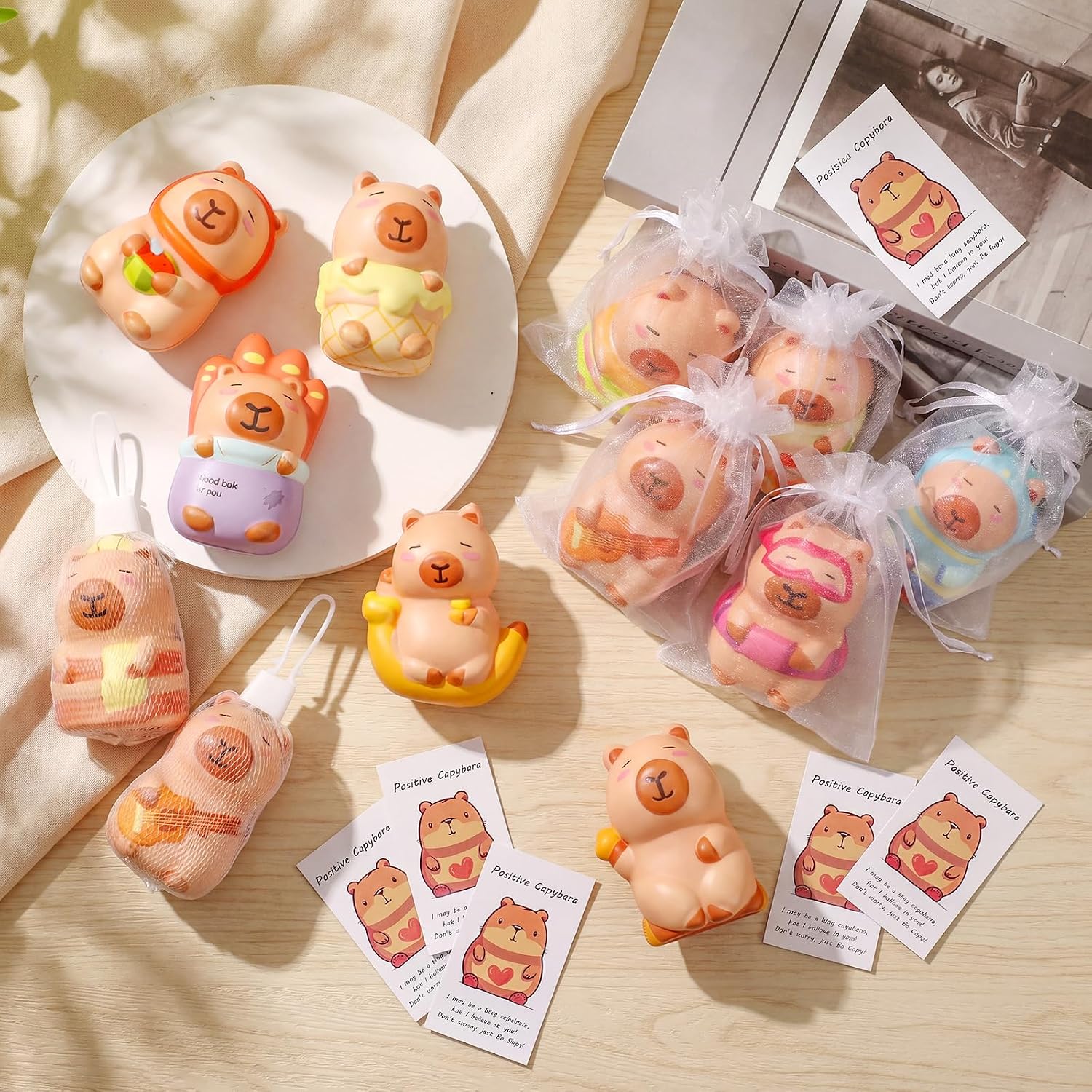 RoundFunny 30 Set Capybara Party Favors with Positive Cards & Bags, Mini Animal Squeeze Stress Balls Bulk Capybara Anxiety Relief Fidget for Kids Birthday Employee Appreciation Gifts (Character Mix)