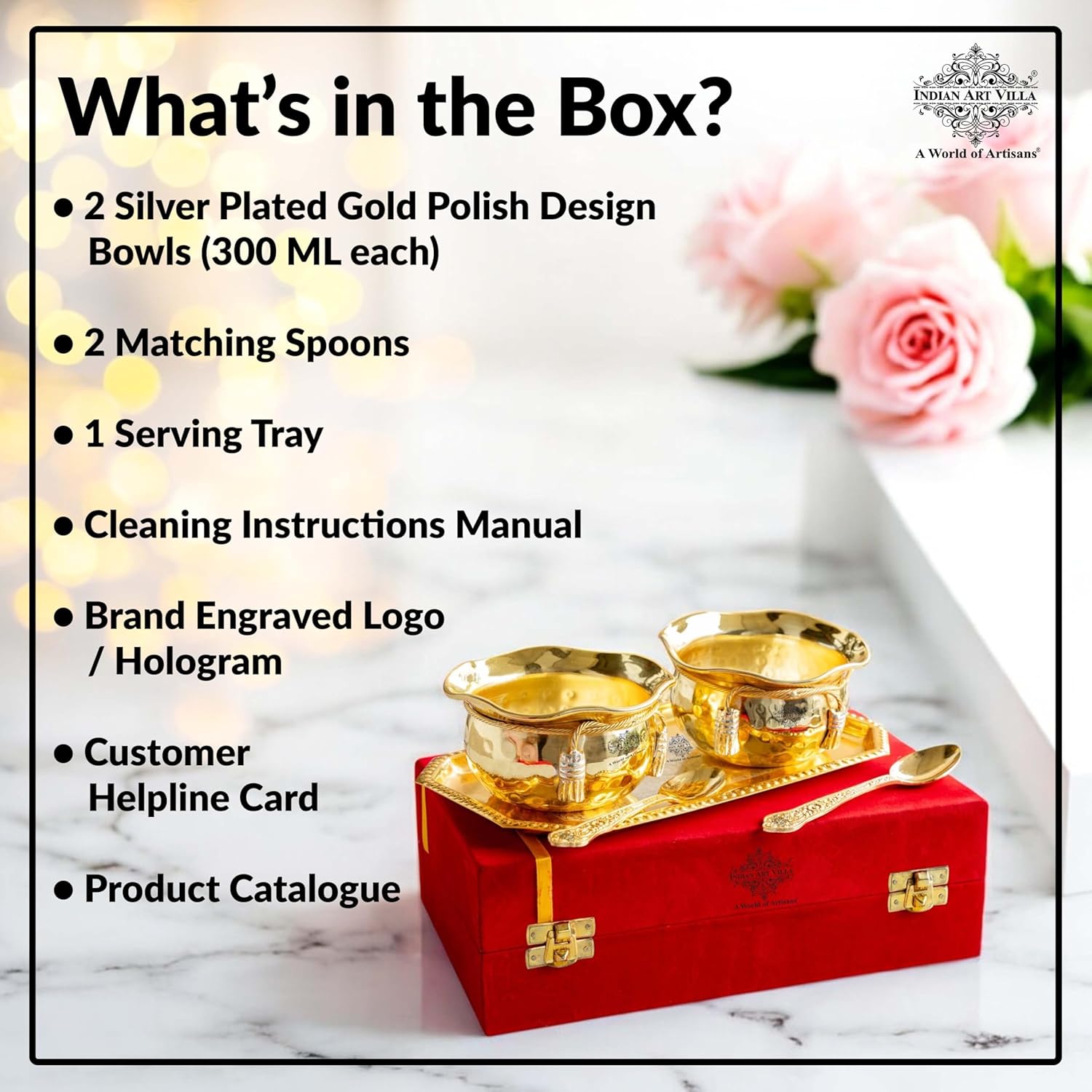 Indian Art Villa Silver Plated Gold Polish M Design Bowl with 2 Spoon & 1 Tray Platter for Serving Dishes Home Restaurant, Diwali Gift Item