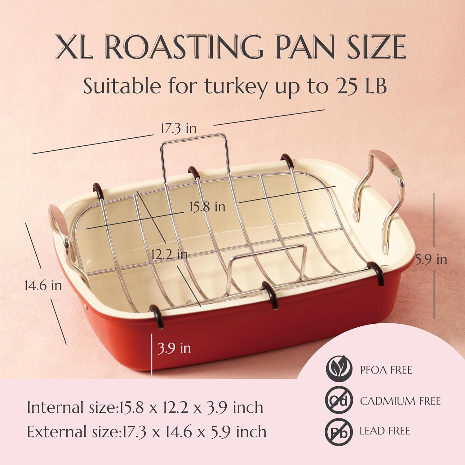 UUKRAVE Turkey Roasting Pan with Rack (U-Shaped), Large 17.3 x 14.6 Inch Nonstick Roaster Pan for 25 lb Turkey or Chicken, Deep Oven Tray, 0.8 mm Heavy Duty Steel, Stainless Steel Handle, Red - Image 2