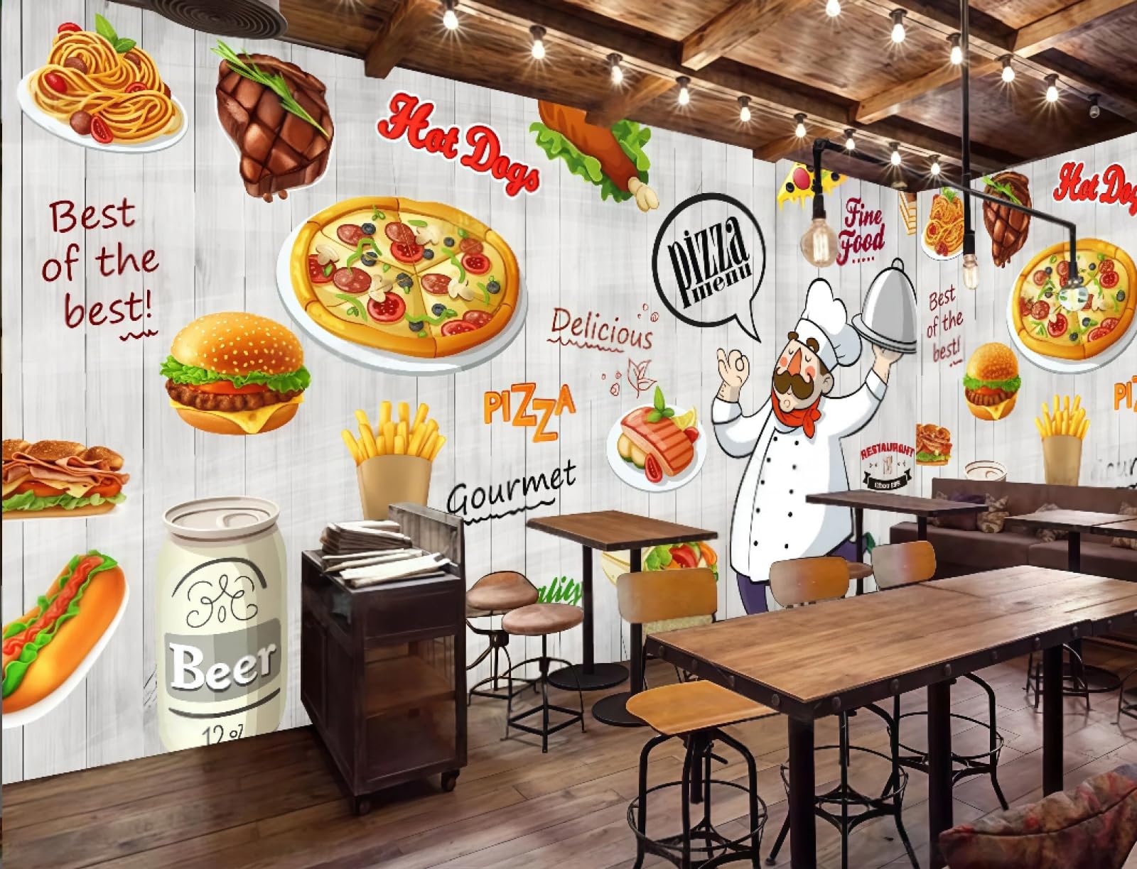 XDOUBAO Wallpaper Retro Nostalgic Wooden Board Shading Cartoon Hand-Painted Delicious Pizza Afternoon Tea Western Restaurant Background Wallpaper Coffee Shop Mural,3D,300x210cm