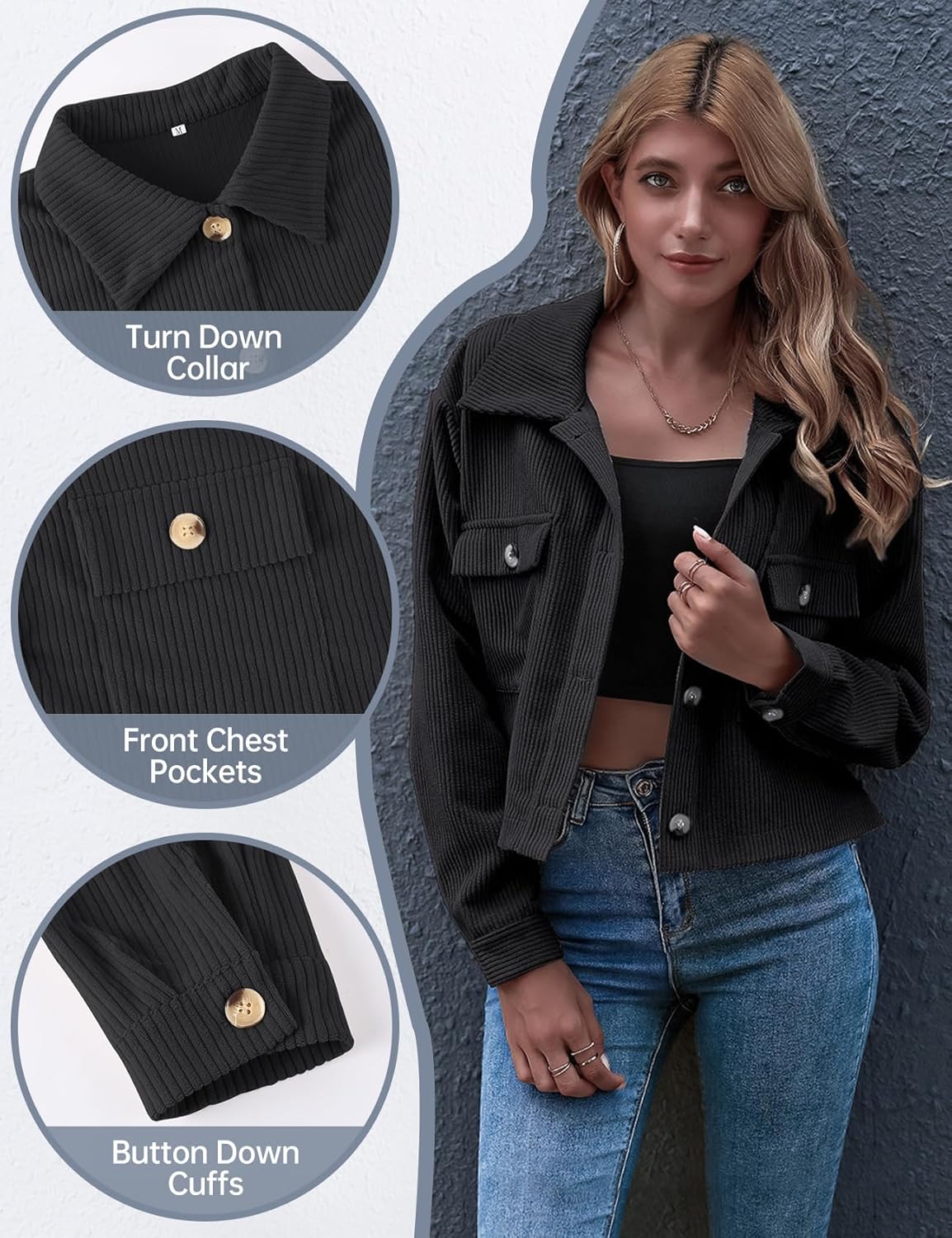 Gihuo Women's Fashion Cropped Shacket Button Down Corduroy Shacket Jackets Casual Plaid Long Sleeve Crop Jackets Tops - Image 4