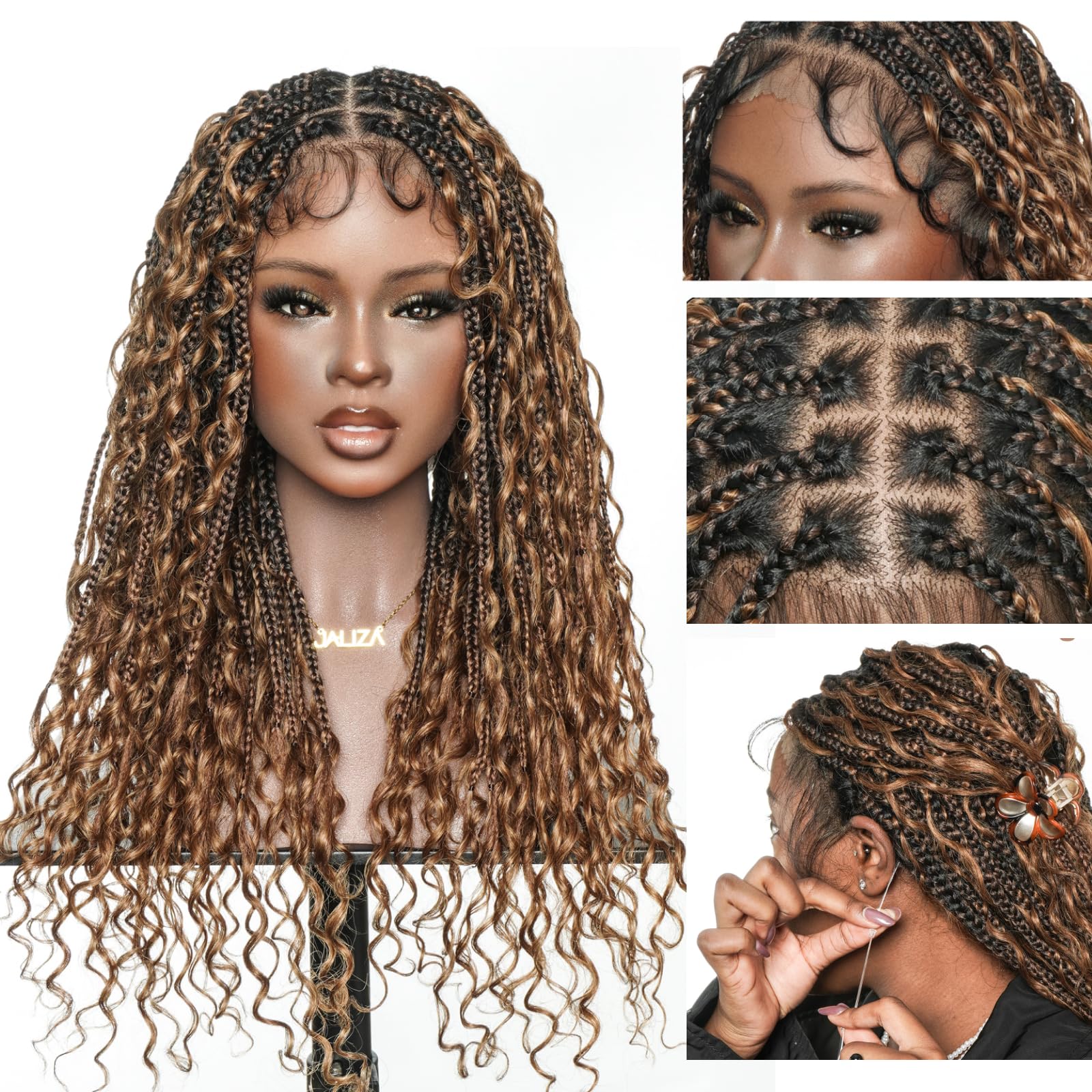 JALIZA Mila Full Lace Bohemia Braided Wig 24” Human Hair Boho Curls & Synthetic Braids, Knotless Hand-Tied Full Lace, Invisible Drawstring, Natural Density, Fit