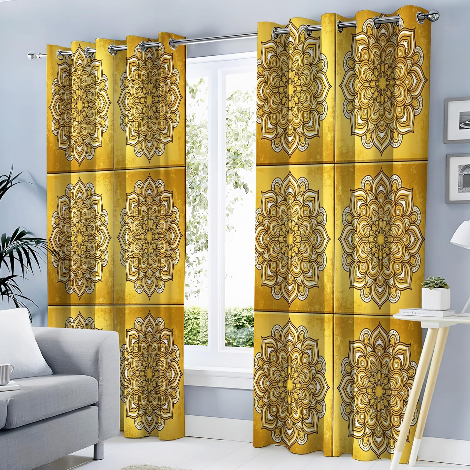 Rideau Occultant Obscurcissant, Mandala Rectangle Géométrie De Luxe 2 Panneaux À Oeillets, Anti Froid Chaleur Bruit, Décoration Salon Chambre