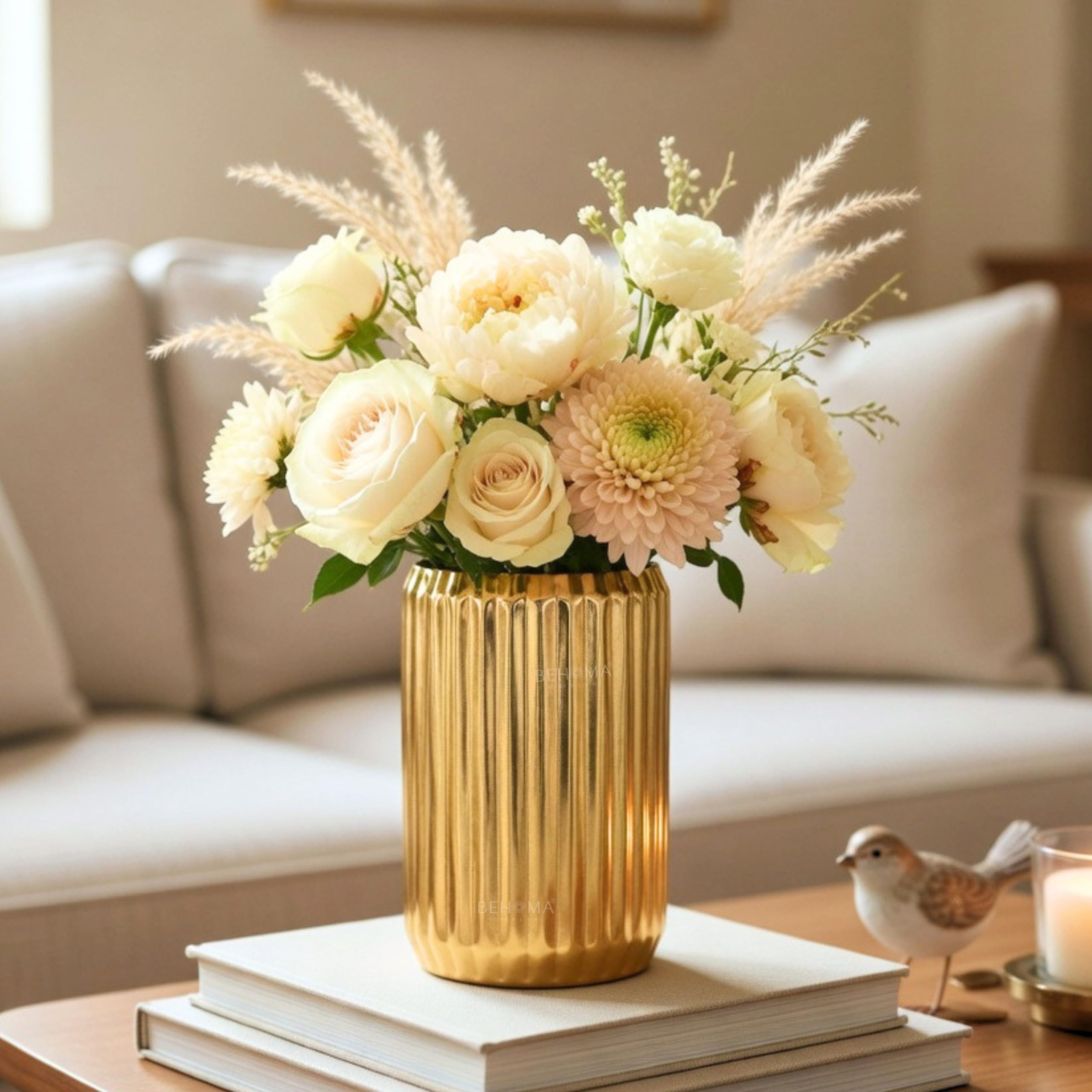 Behoma Metal Fluted Column Flower Vase for Home Decor | Golden Ribbed Modern Vase for Living Room, Bedroom, Office Decoration | Birthday Wedding Gold, 4.5inch (Flower Not Included)-image-40