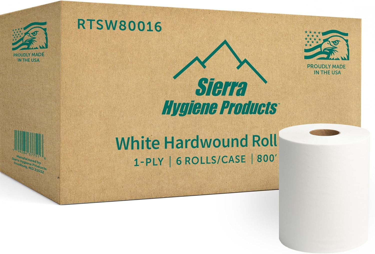 Sierra Hygiene 1-Ply White Roll Towels, 8” x 800’, Hardwound Universal Paper Towel Rolls for Commercial Restrooms, Restaurants, Schools & Offices, Case of 6 Rolls, Made in USA