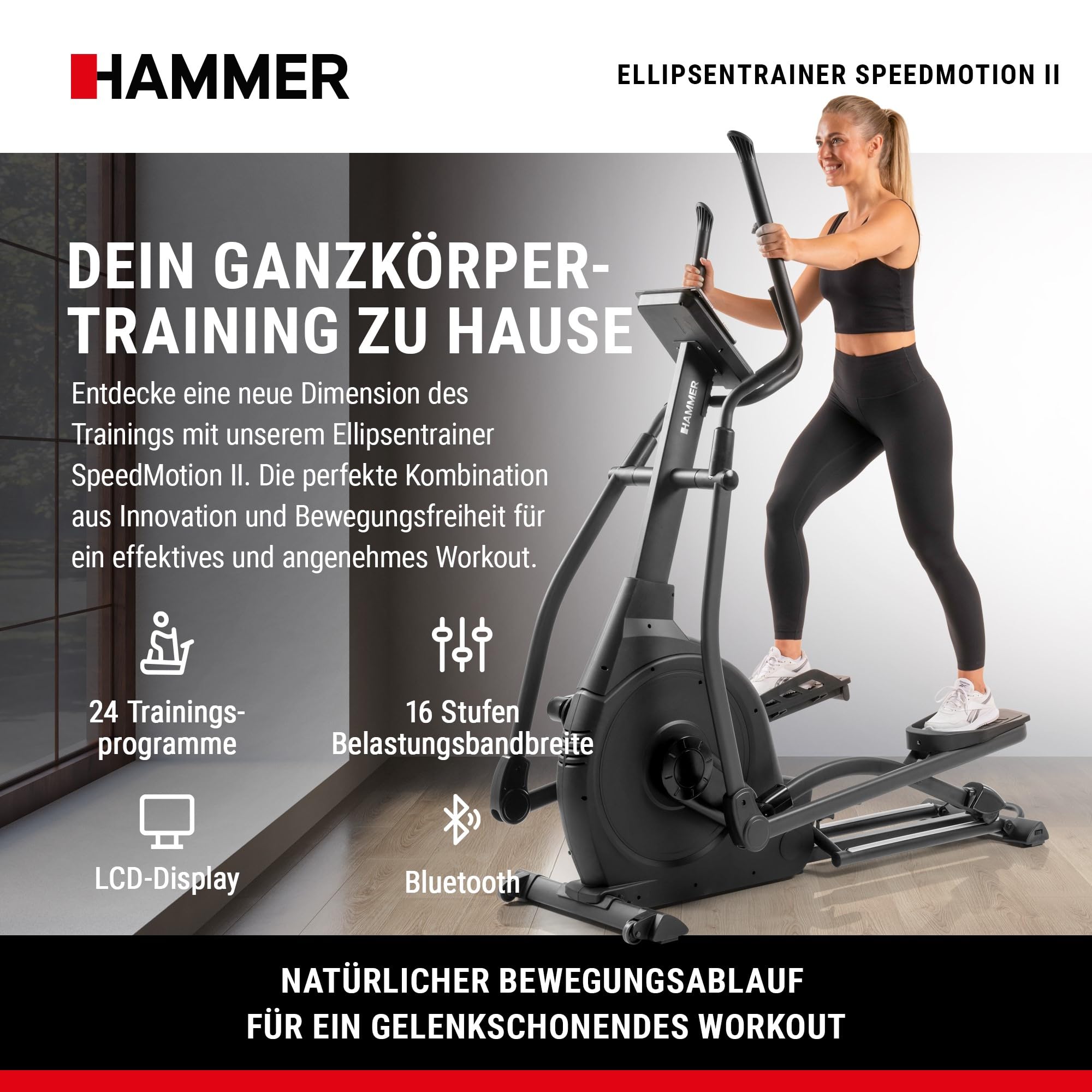 Hammer Crosstrainer Ellipsentrainer SpeedMotion II, 3-fache Steigung, 24 Programme, 18 kg Schwungmasse, Kinomap & Zwift