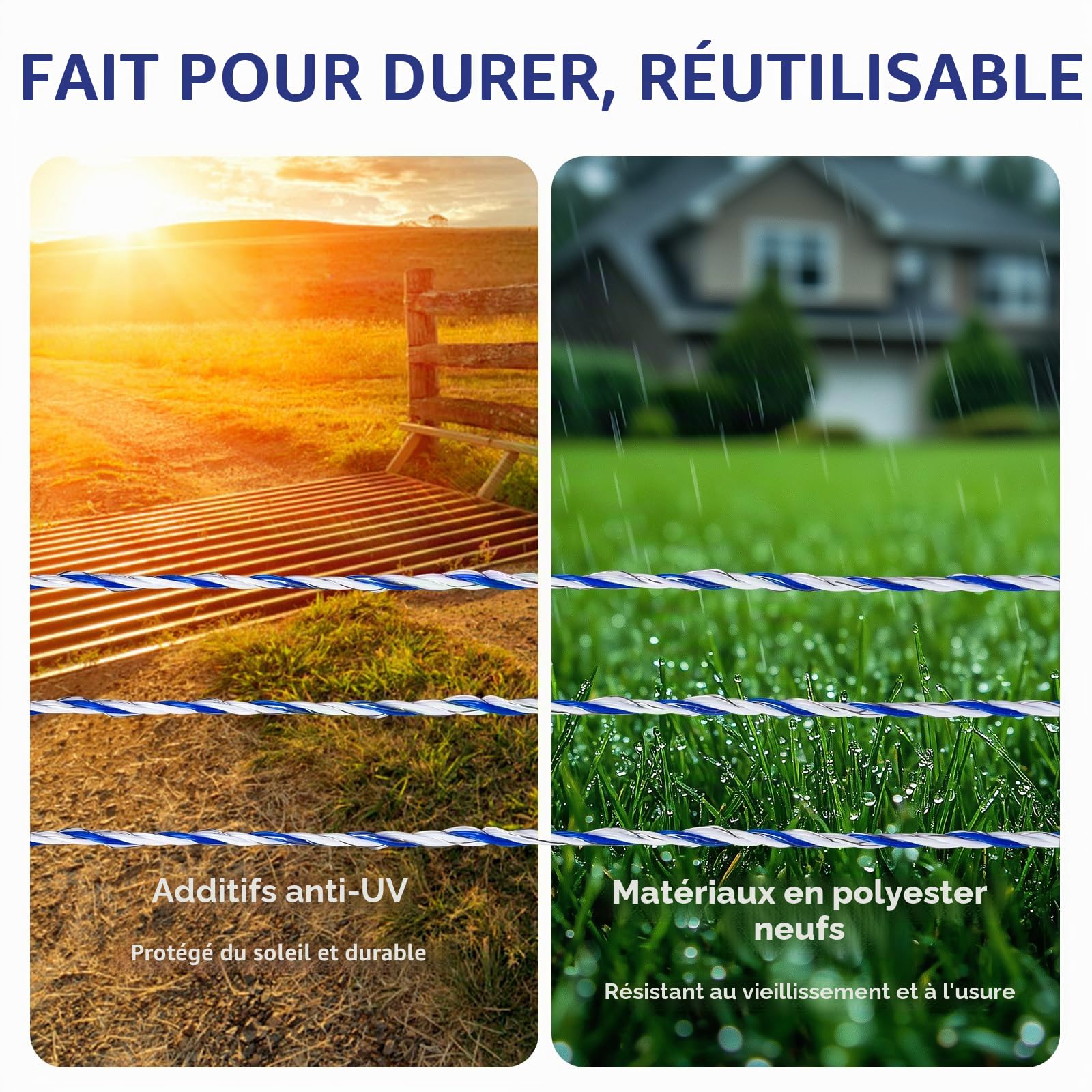 Corde pour Clôture Électrique, Fil Électrique Polyfile, 6 Brins Acier Inoxydable + 15 Brins PE, Corde Conductrice Bleu et Blanche (200m) + 50 Isolateurs + 1 Guide de Vis