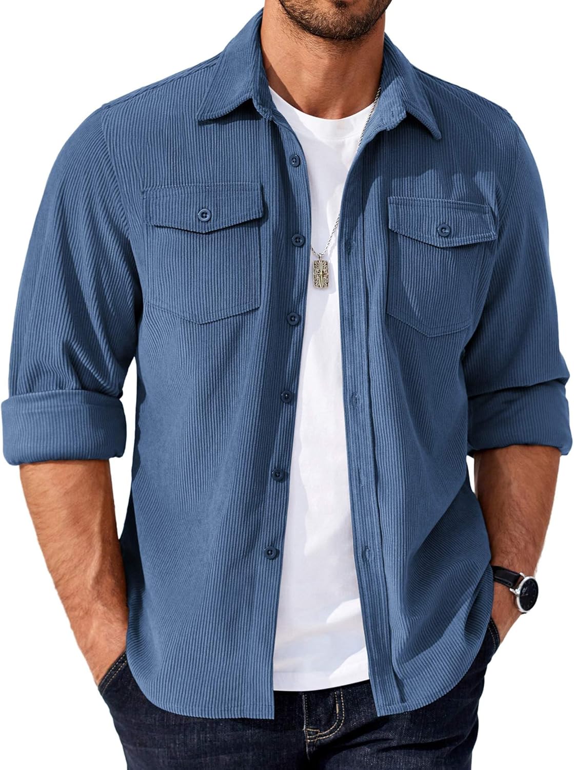 COOFANDY Men's Corduroy Button Down Shirts Jackets Casual Long Sleeve Shacket Lightweight Overshirts with Flap Pockets