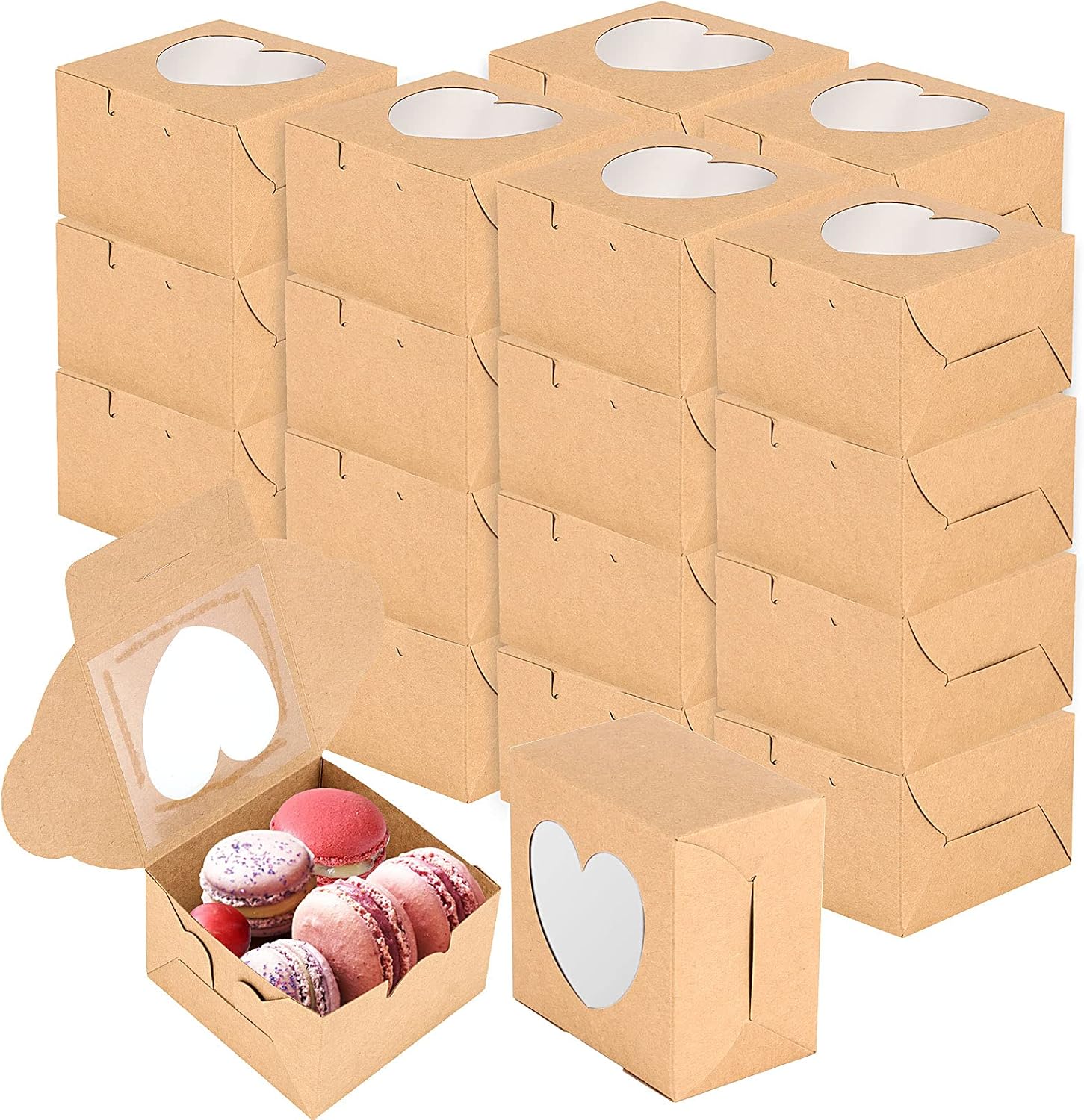 JOIKIT 100 Pack 4x4x2.5 Inch Brown Kraft Bakery Boxes with Window, Kraft Heart Shaped Pastry Boxes Mini Heart Cake Boxes for Cookies, Pies, Cupcakes, Macarons, Donuts, Gifts