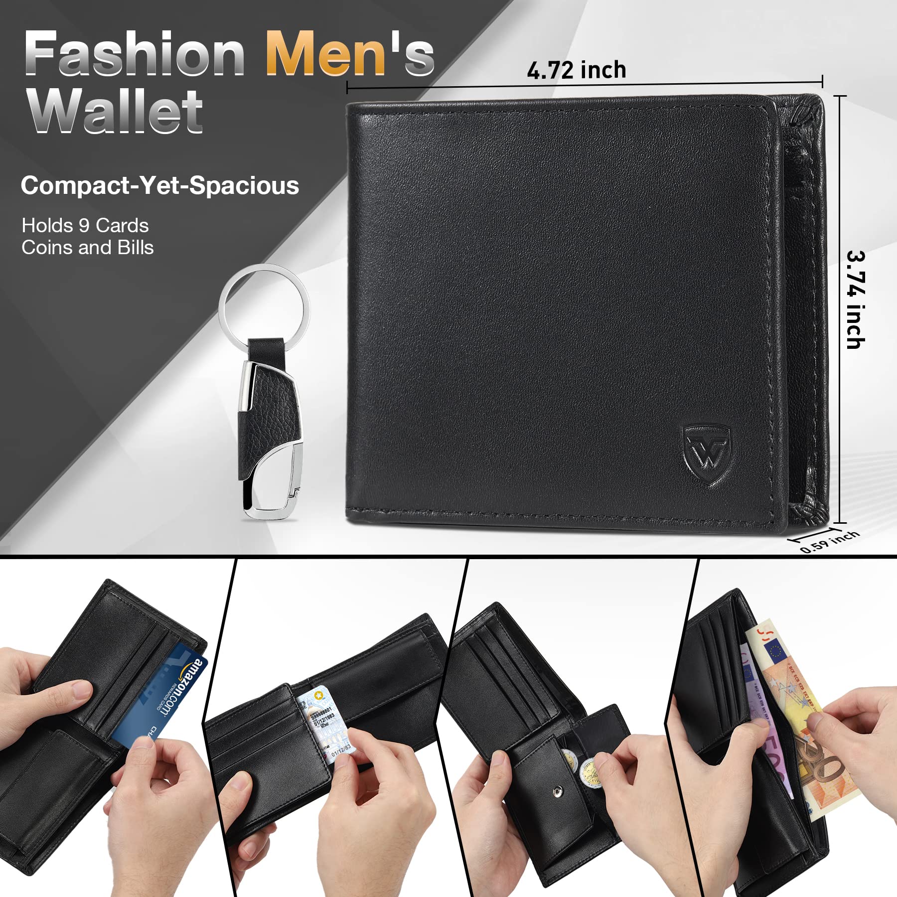 WONSEFOO Portafoglio Uomo Vera Pelle Blocco RFID, Piccolo con 9 scomparti per carte di credito, 1 portamonete, 1 Finestra ID, 1 portachiavi, Set Regalo - Nero