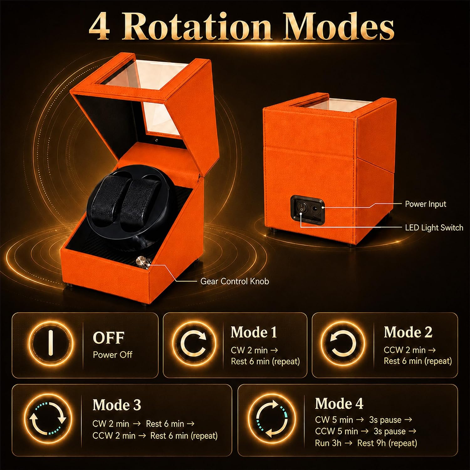 Automatic Watch Winder for Rolex and Auto Watches, Leather 2 Slots Rotating Watch Box with Japanese Quiet Motor & Blue LED, Double Winding Watch Case Used for Display, Storage & Gifts, Orange