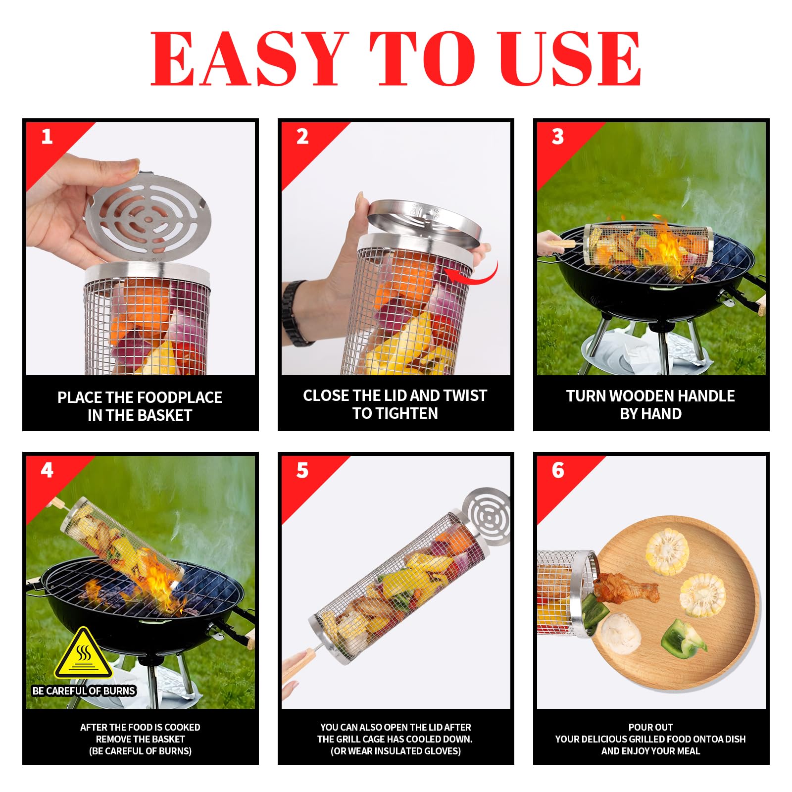 2 cestas de parrilla rodantes con mango de madera,Accesorios resistentes de acero inoxidable para asar verduras/camarones/carne,Herramientas de barbacoa para hombres para acampar al aire libre