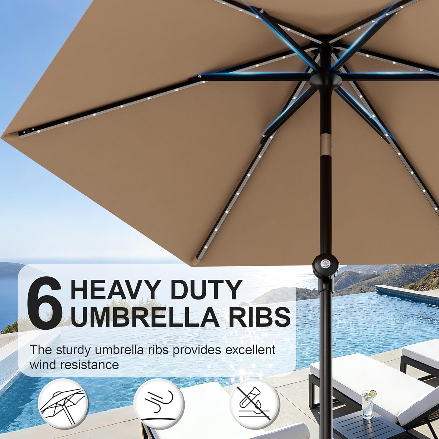 AreShark 9FT Push-Up Solar Umbrella 24 LED Lighted Patio Umbrella Table Market Umbrella w/Tilt and Crank Outdoor Umbrellas for Garden, Deck, Backyard, Pool and Beach, Beige