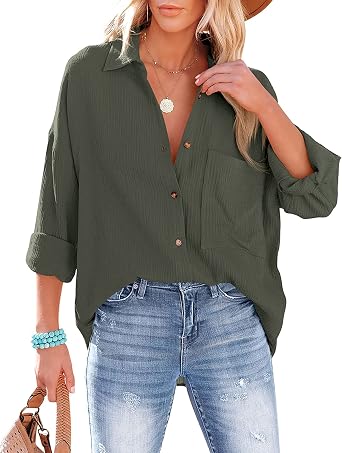 Oversized Button Down Shirts for Women Cotton Boyfriend Blouses Top | 2026 Fall Tops, Cotton, Solid Color, V Neck, Long Sleeve, Button Down, Loose Fit Blouse, Basic Work Tops, Going Out Tops