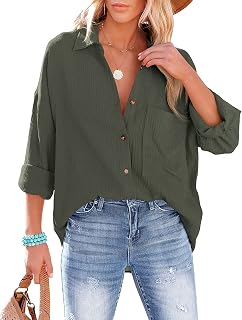 Oversized Button Down Shirts for Women Cotton Boyfriend Blouses Top