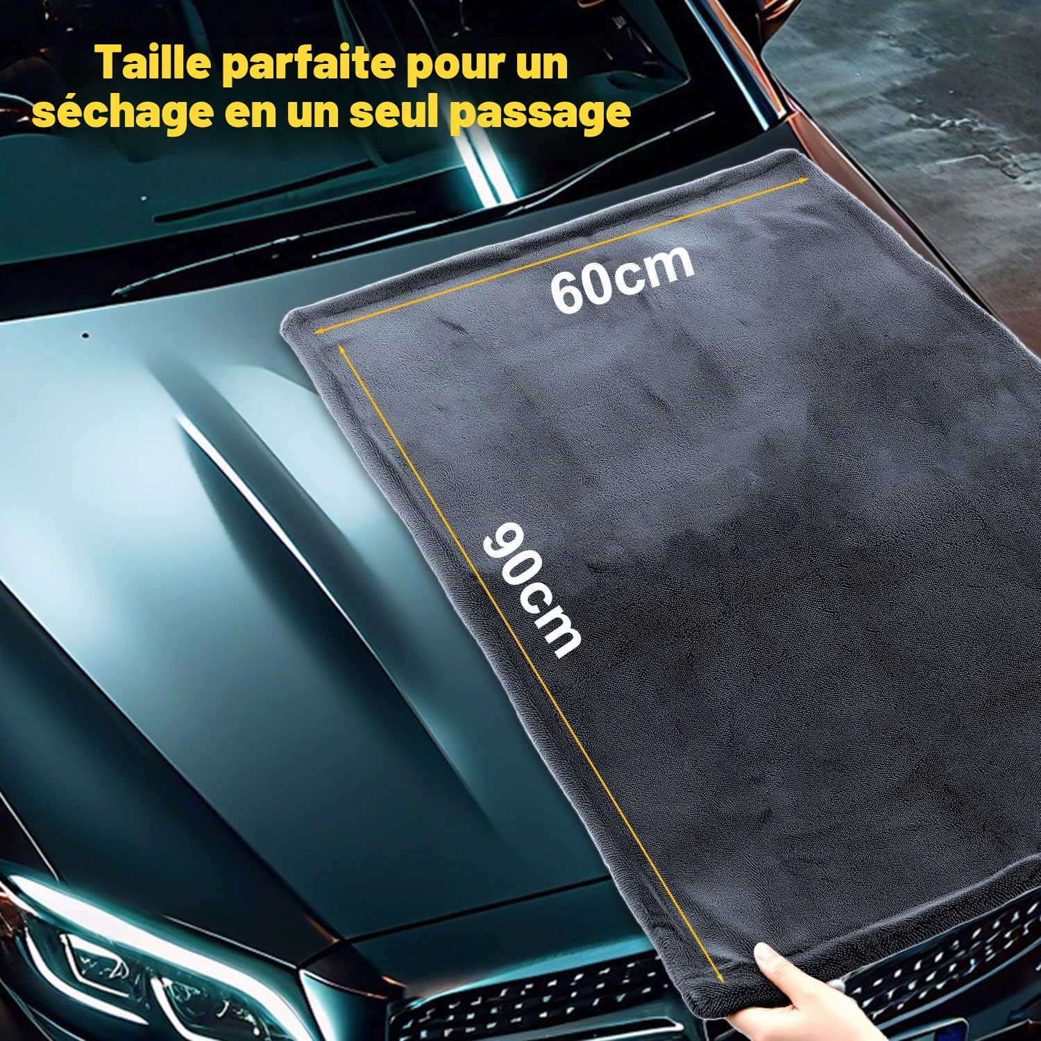 90x60cm Chiffon Microfibre Séchage Voiture, 1600GSM Serviette Microfibre pour Auto, XXL Sechage Voitures, Ultra Absorbant, doux et Sans Peluches, Non Pelucheux – pour Voiture Moto Bateau Camion, Gris