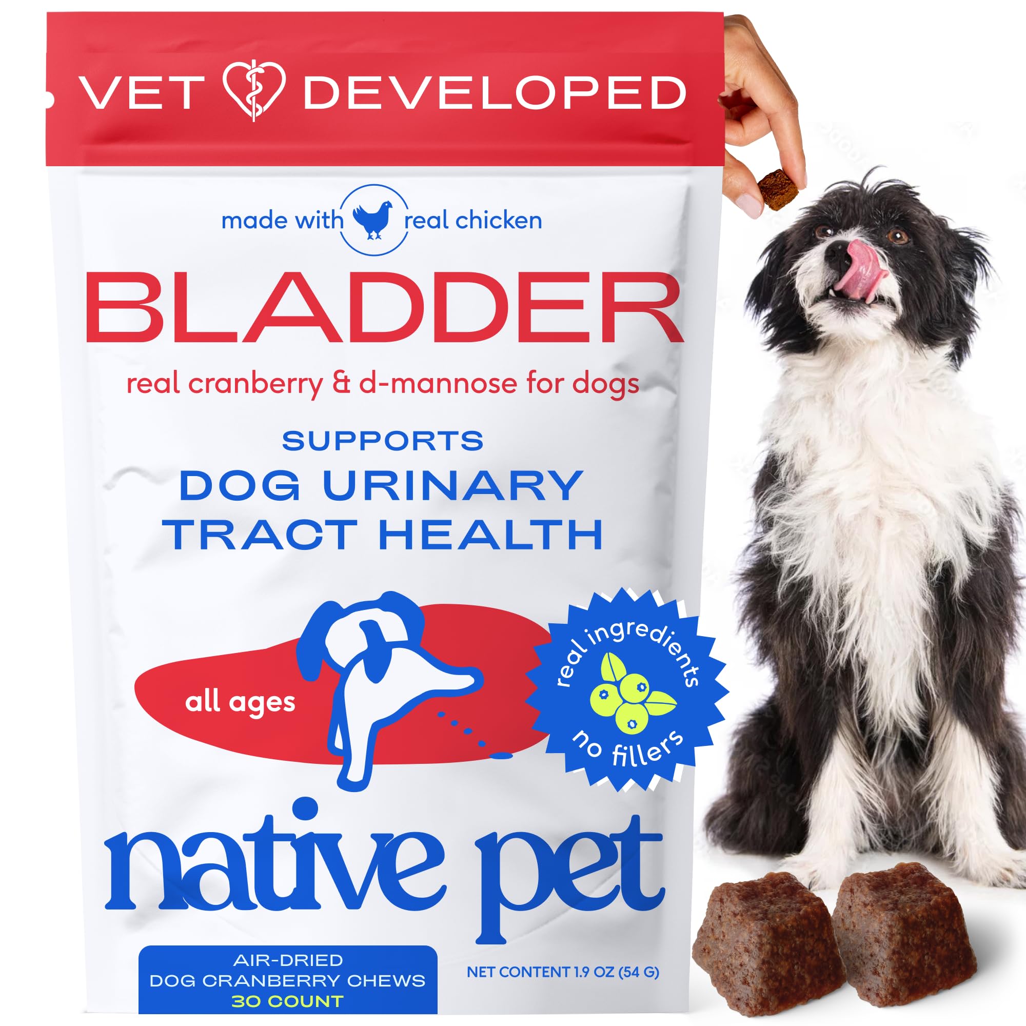 Native Pet Dog UTI Treatment - Cranberry Supplement for Dogs Bladder Control & Kidney Support - Prevent Urinary Tract Infection and Urinary Incontinence - Made with Real Cranberry Extract - 30 Chews