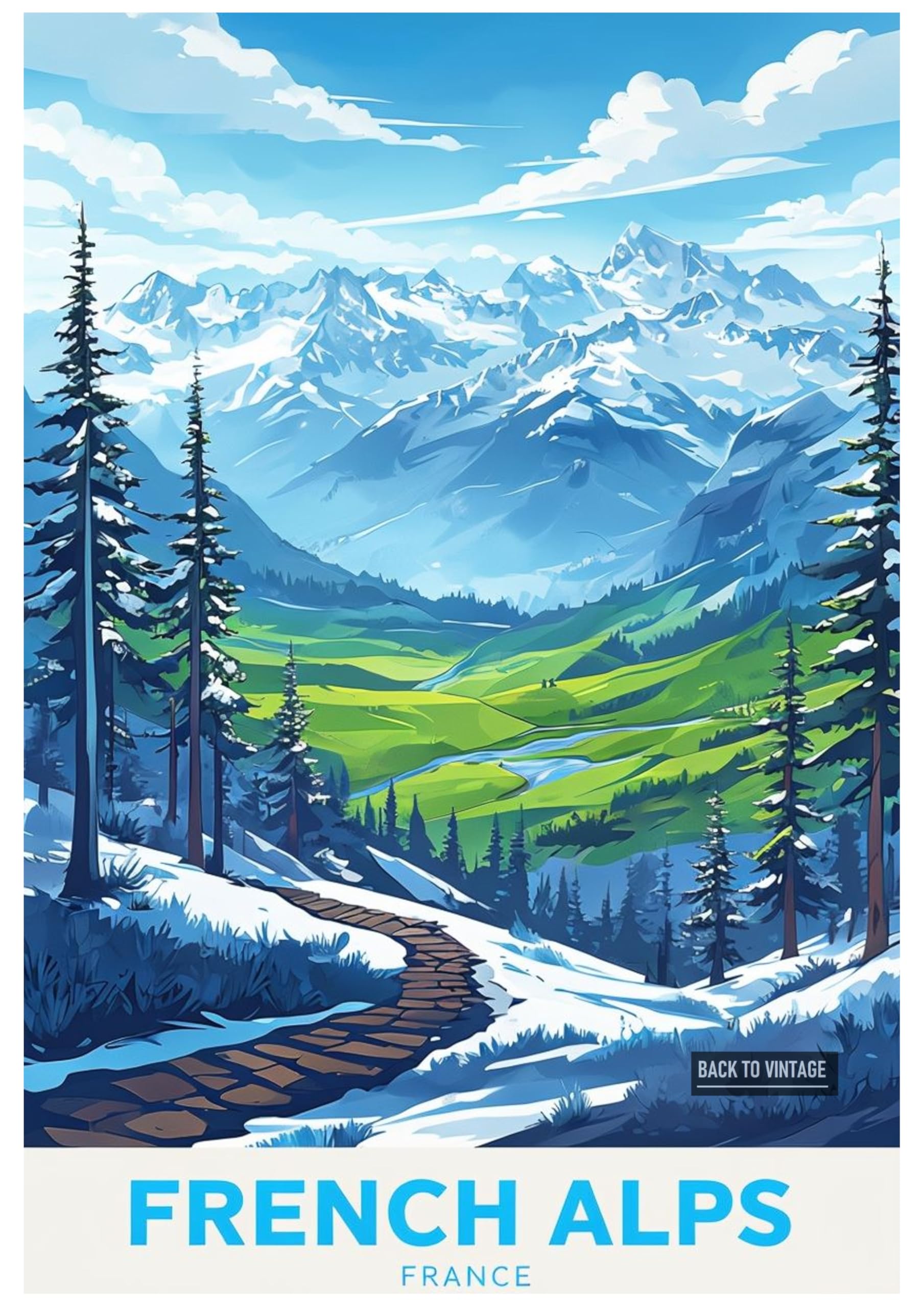 Back To Vintage Multicoloured Picturesque French Alps Landscape With Winding Stone Path - Retro Europe Travel Poster A4 Size Vintage Wall Art Print Of Famous European Destinations Ideal For Home Or Office Decor