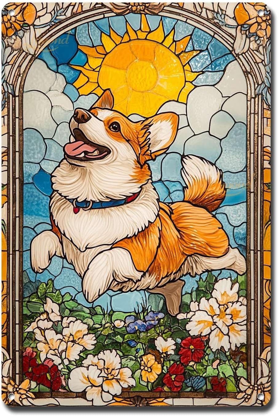 Lygond Tin Sign Vintage Wall Art Decorative Gift Corgi Dog Garden Run Art for Home Office Garage Wall Easy Install Rustproof Waterproof Aluminum Material Bathroom Decor for Garden 12×16 Inches