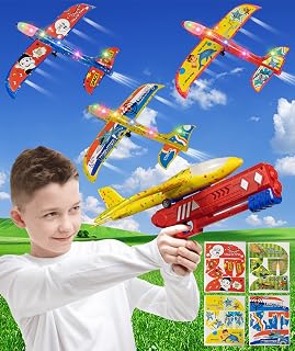 Protado Airplane Launcher Toy, 1 Airplane Launcher with 3 Pack Led Light Foam Glider Planes and 4 DIY Stickers, 2 Flight Modes Catapult Outdoor Flying Toys, Birthday Gifts for 4 5 6 8 9 10 12 Year Old