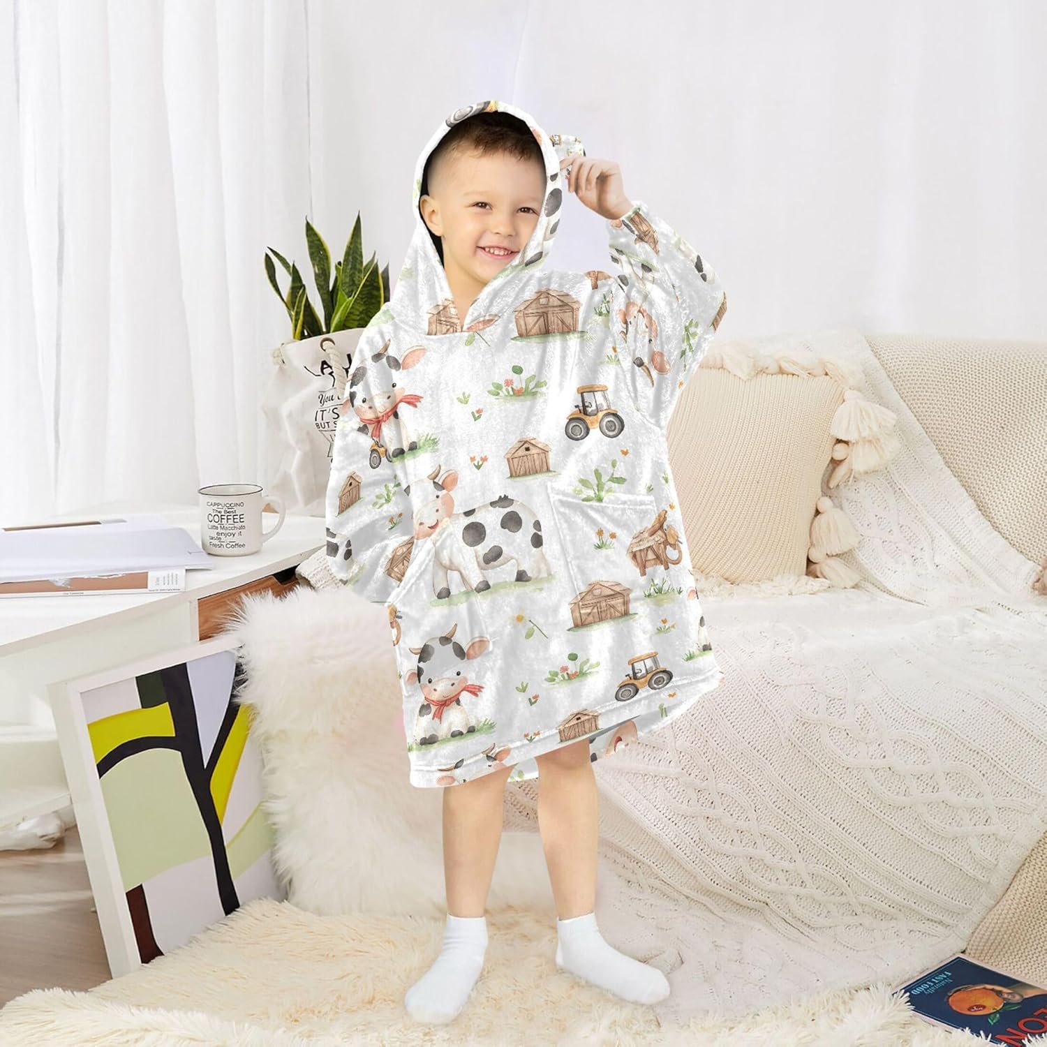 Cow Farm Animal Kids Wearable Blanket Hoodie with Pocket and Sleeves for Toddlers, Cute Hoodies Girls Boys B0403583