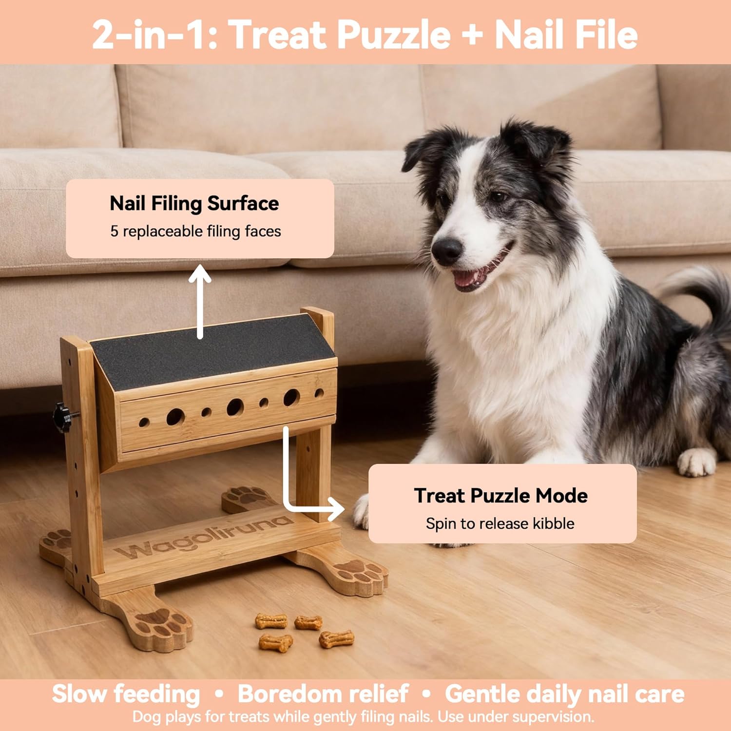 Interactive Dog Nail Scratch Board & Treat Puzzle Toy, 2-in-1 Adjustable Bamboo Feeder for Small Medium Large Dogs, Stress-Free Nail File Alternative (Includes 80/180 Grit Sandpaper)