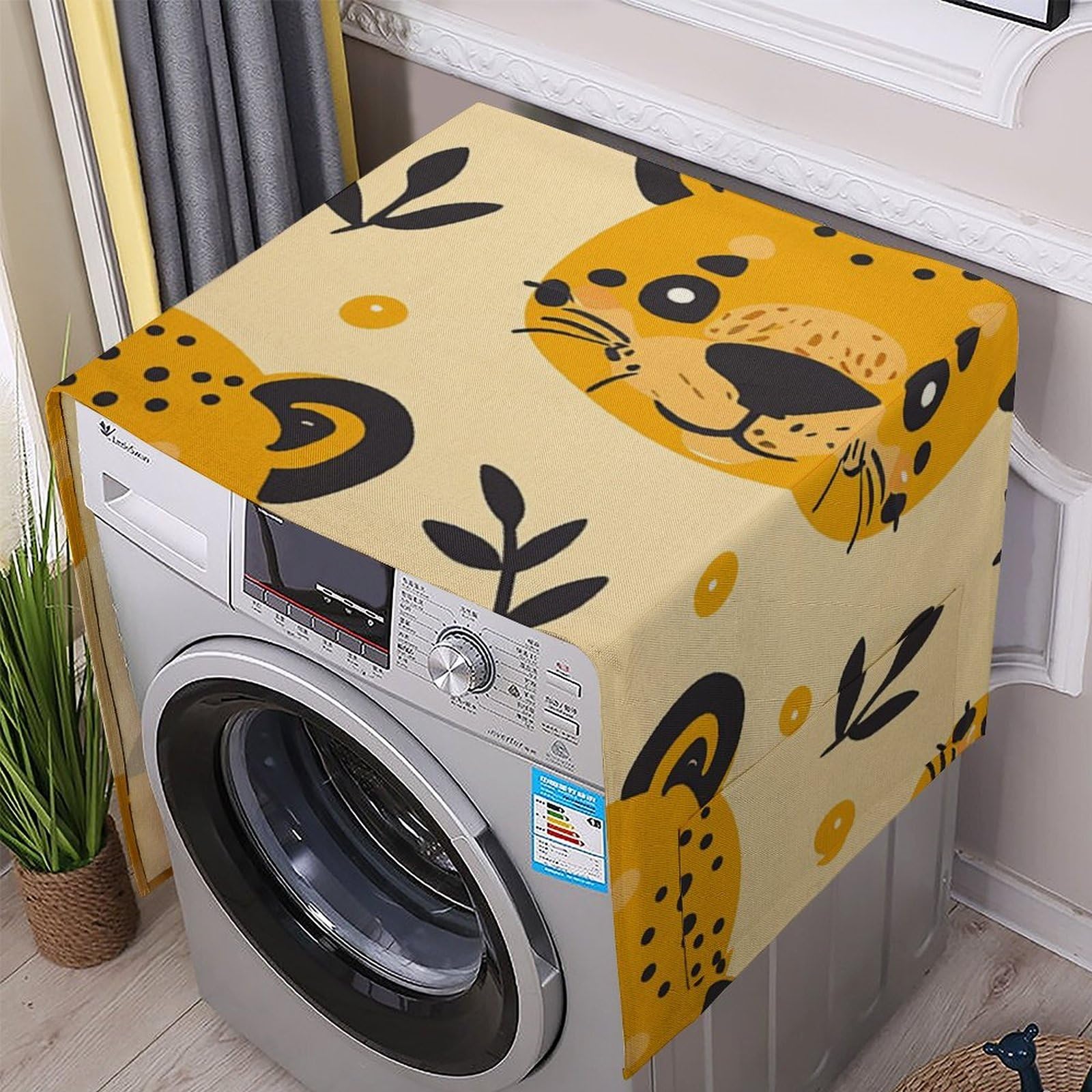 Fodpand White Washing Machine Cover For Top Load Dustproof Cartoon Cheetah Pattern Washer And Dryer Cover With Storage Pockets Household Appliance Covers Washable Top Protector Mat Pad For Laundry & Kitchen