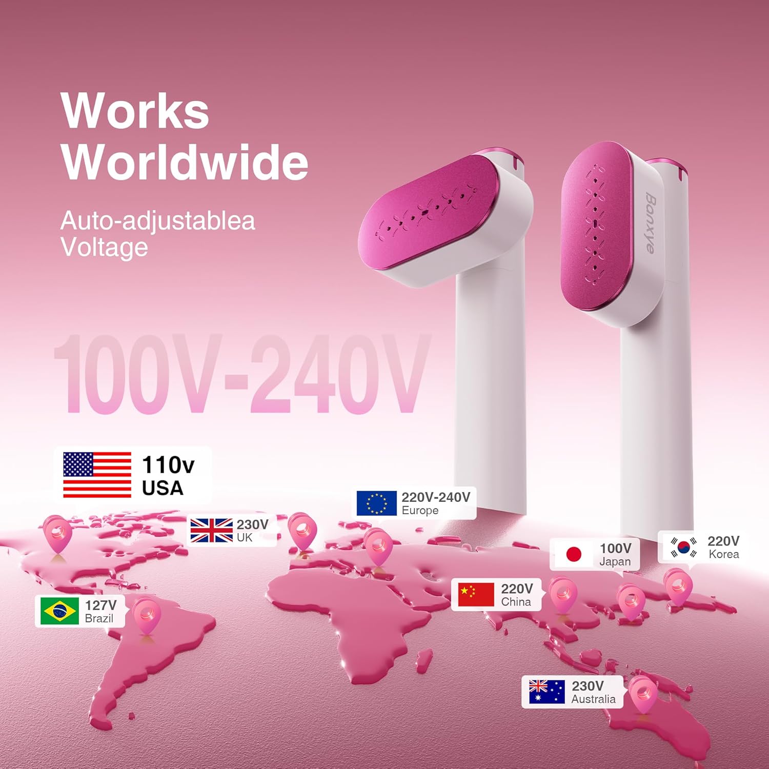 Portable Clothes Steamer, 100-240V Dual Voltage Garment Steamer, 1000W Travel Steamer, 30s Fast Heat Up, 10 Minutes Continuous Steam, Ceramic Panel Steamer Iron for Travel & Home Use (Rose Red)