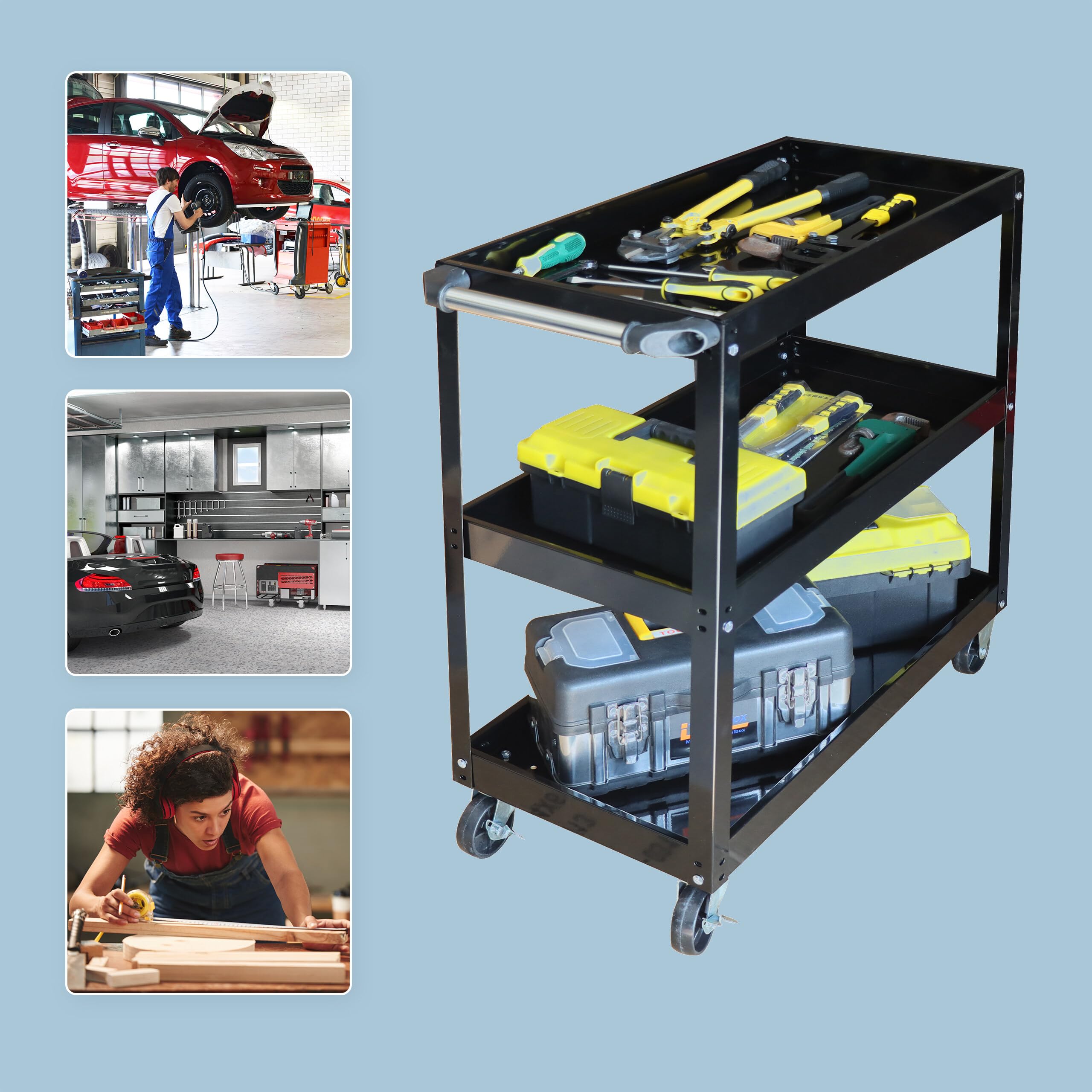 Relaxdays Werkstattwagen, Werkzeugwagen mit 3 Ebenen, mobiler Montagewagen, bis 100 kg, HBT: 76 x 35 x 78 cm, schwarz
